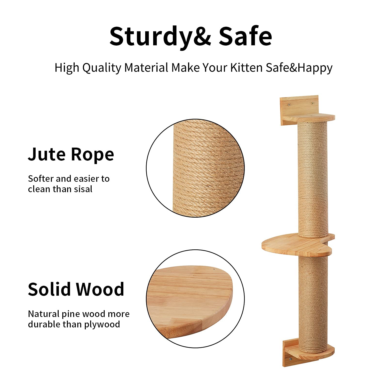 FUKUMARU Cat Activity Tree - Wall-Mounted Jute Scratcher with Pine Hammock, Light Brown, Model 010FU