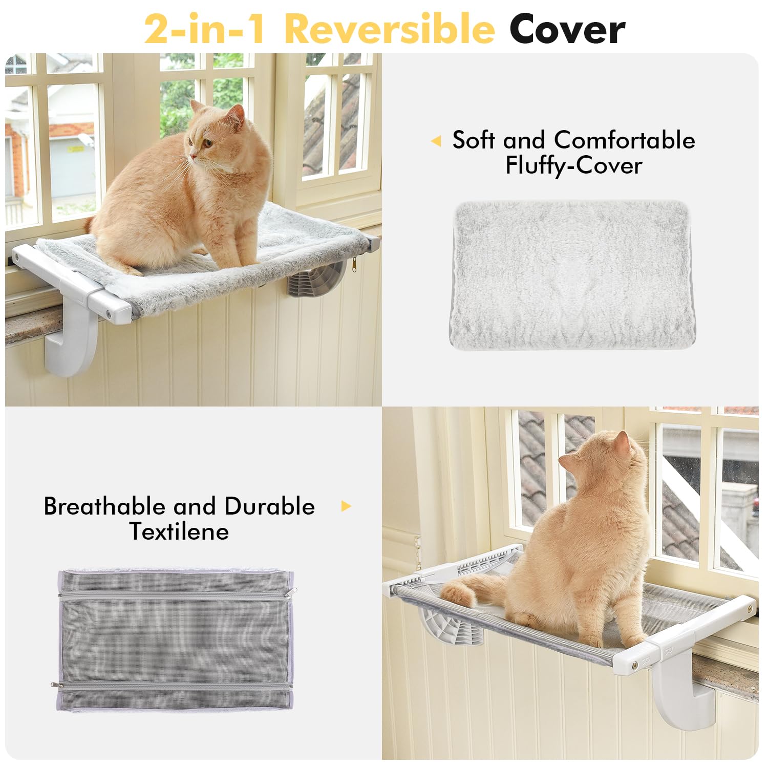 Zoratoo Window Sill Mount Cat Perch For Indoor Cats, One-Step Sliding Adjustment Cat Hammock Window Seat With Removable Two Fabrics Covers, No Suction Cups Cat Beds For Windowsill & Bedside (L)