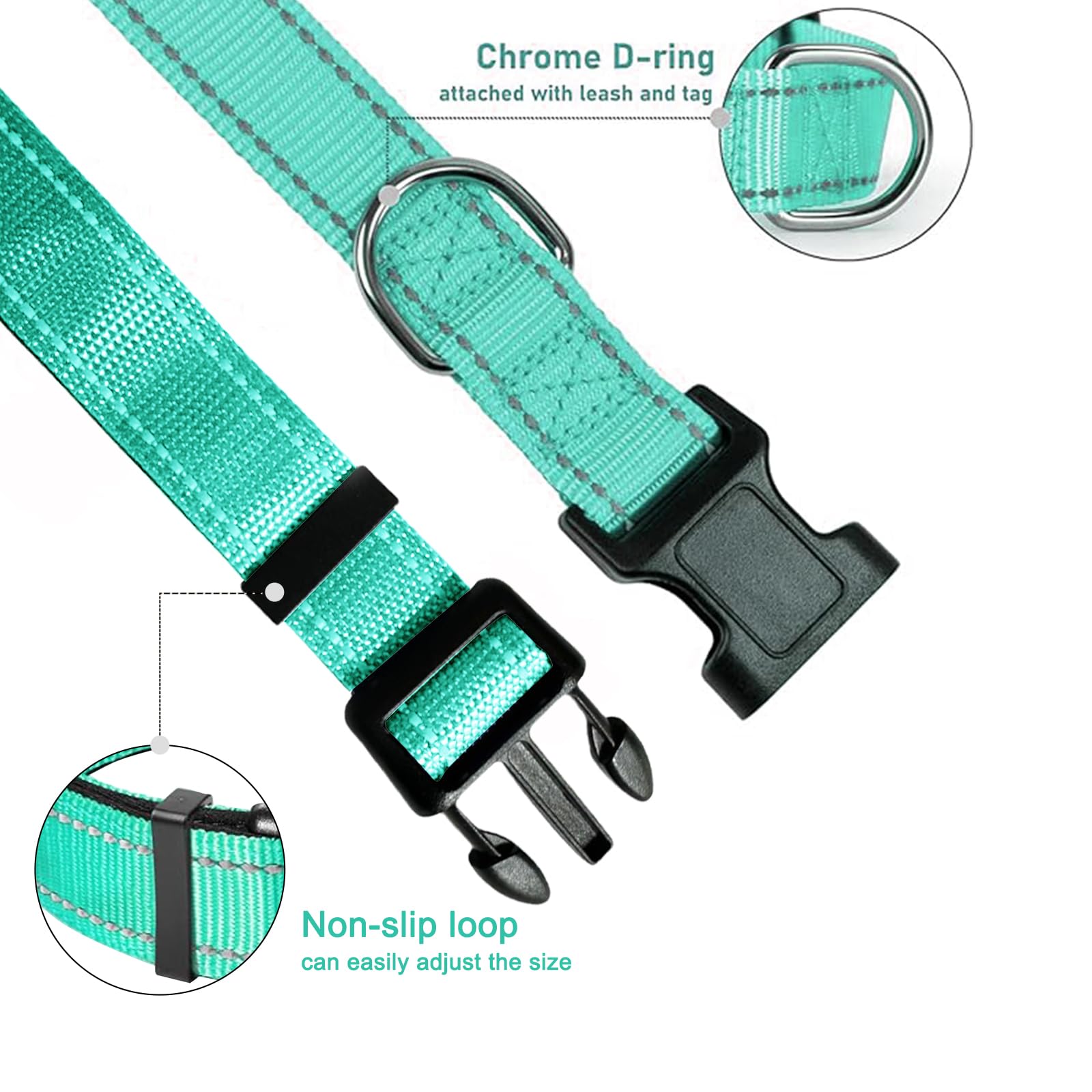 Teal Dog Collar, Reflective Pet Collar with Buckle Adjustable Safety Nylon Collars for Small Medium Large Dogs, XXS