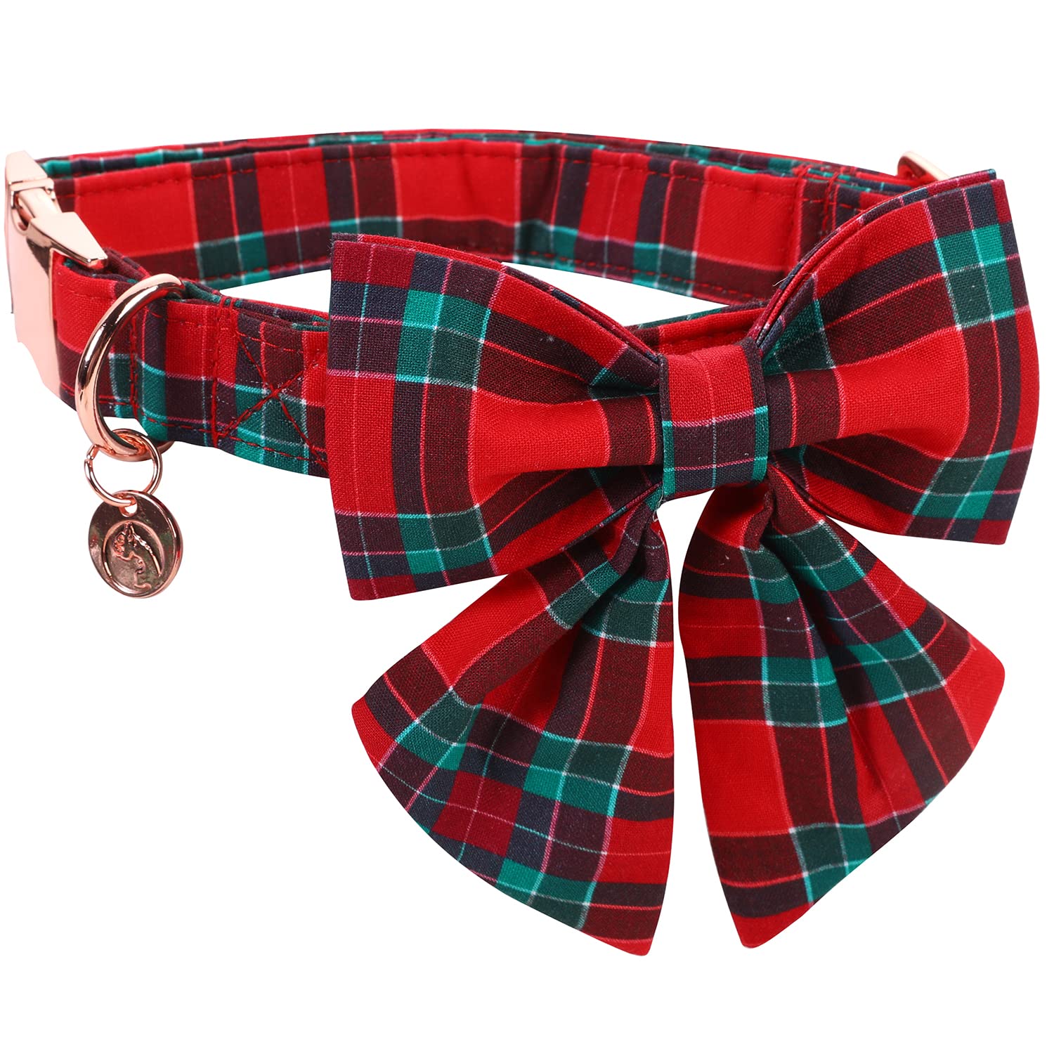 Dogwong Christmas Dog Collar With Sailor Bow Tie, Red Plaid Dog Collar Soft Durable Adjustable Cotton Red Green Tartan Puppy Col