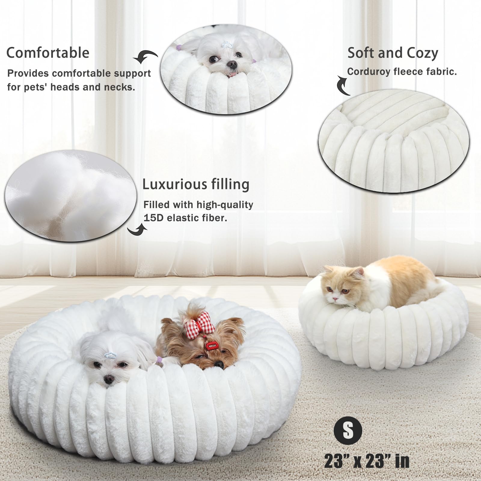 Donut Small Dog Bed Washable - Dog Beds For Small Dogs And Cats With Corduroy Fleece & Anti Slip Bottom, Calming Round Faux Fur