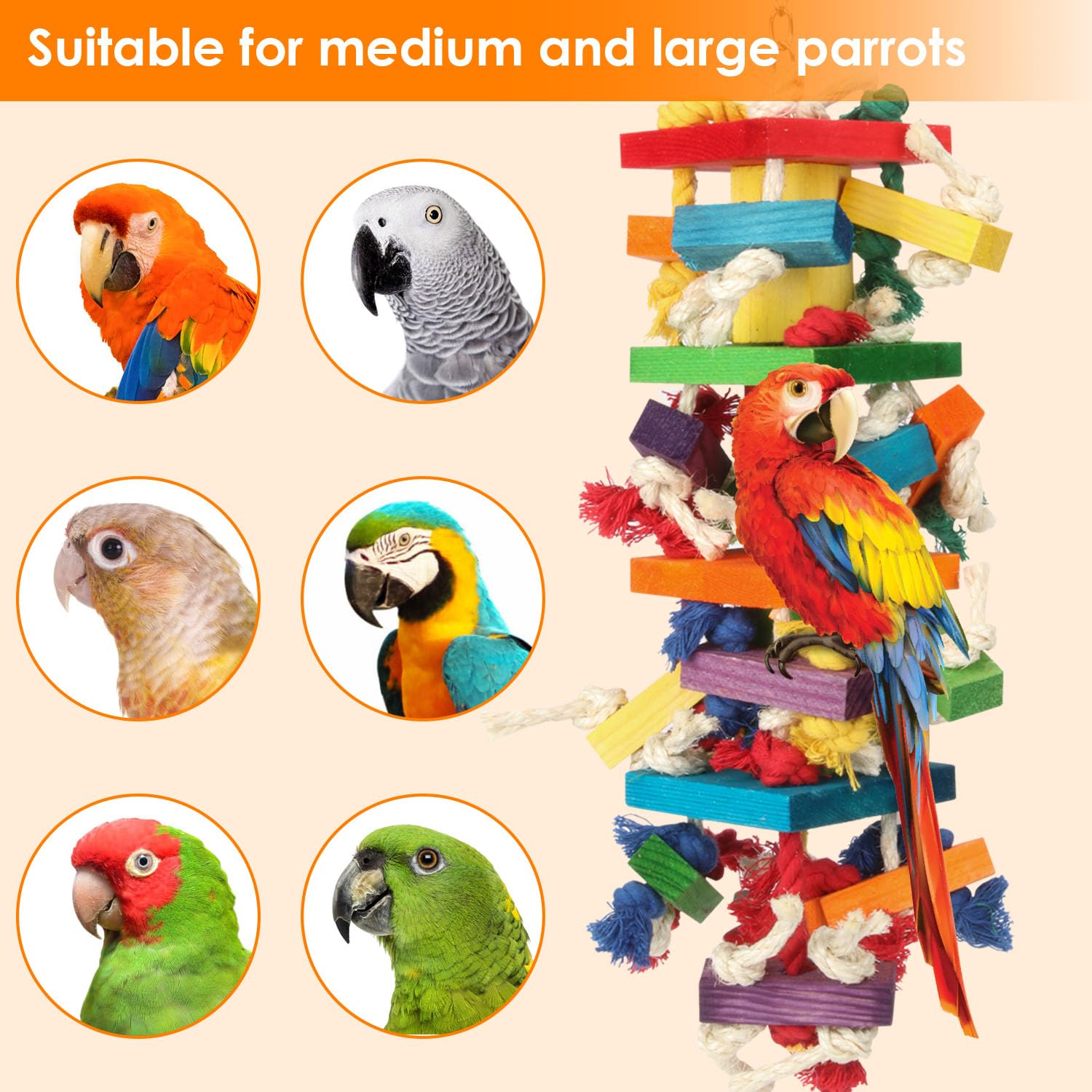 GATMAHE Macaw Toys, Extra Large Parrot Toys, Bird Toys for Parrots African Grey, Amazon Parrots, Parakeet Natural Wooden Block T