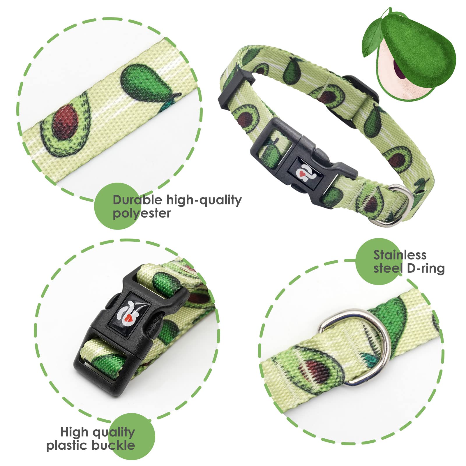 Azuza Dog Collar And Leash Set, Fun Avocado Patterns On Nylon Collar And Matching Leash, Large Dog Collar For Medium Dogs
