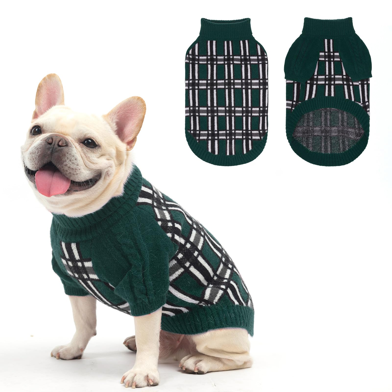 Scenereal Small Dog Pullover Sweater, Cold Weather Cable Knitwear, Classic Plaid Turtleneck Thick Warm Dog Clothes For Chihuahua