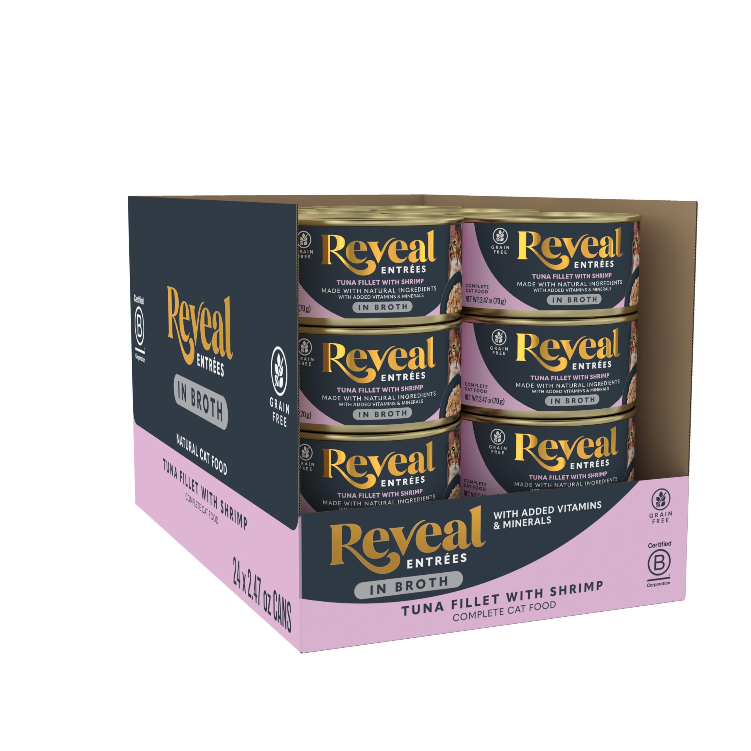 Reveal Entr  es Tuna Fillet with Shrimp Wet Cat Food in Broth, 24-Pack, Protein Grain-Free with Added Vitamins & Minerals, Carra