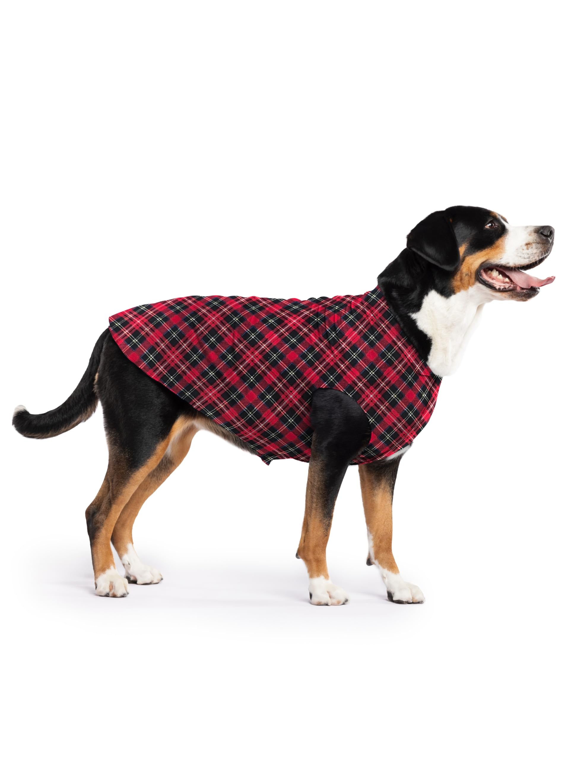Gold Paw Stretch Fleece Dog Coat, Stretchy Pet Sweater, Machine Washable Pullover For Winter And Fall, Red Classic Plaid, 28