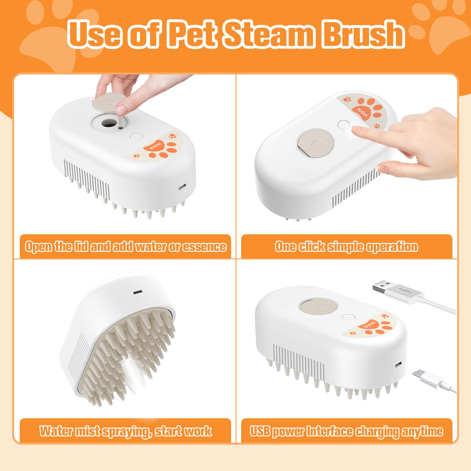 Sogue Cat Steam Brush,Silicone Dog Steamy Brushes,Rechargeable Pets Steam Brush For Dogs And Cats,Spritz Defur Comb For Cats,3 I