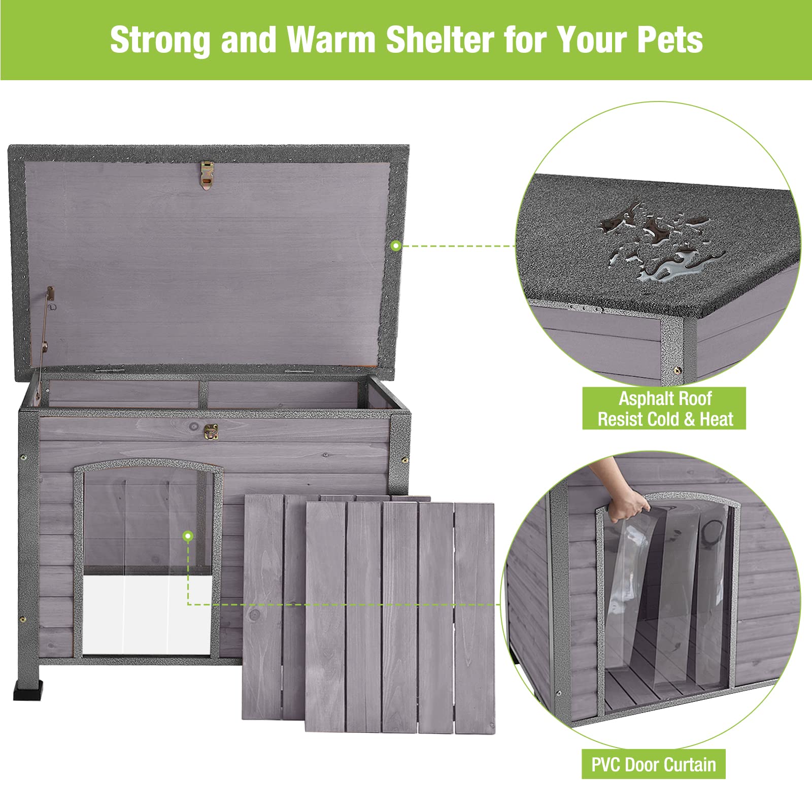 Gutinneen Chew Proof Dog House With Metal Iron Frame Outdoor Dog Kennel For Small Medium Large Indoor Dog Cage (33.5'' L,Grey Co