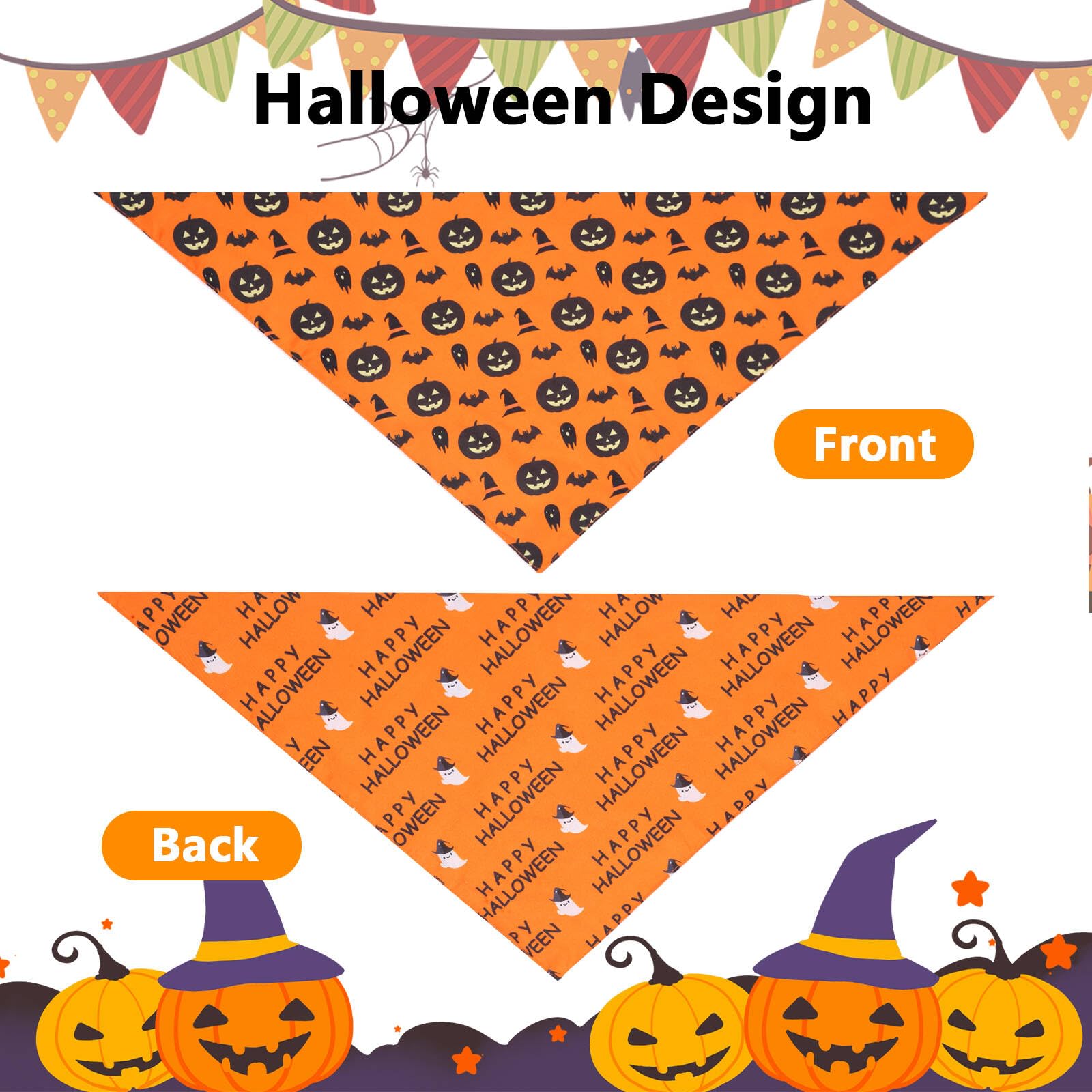 Gofshy Halloween Dog Bandanas Large 2Pcs, Reversible Triangle Dog Scarfs With Pumpkin, Spide, Bat, Ghost, Fall Puppy Bandanas Bi