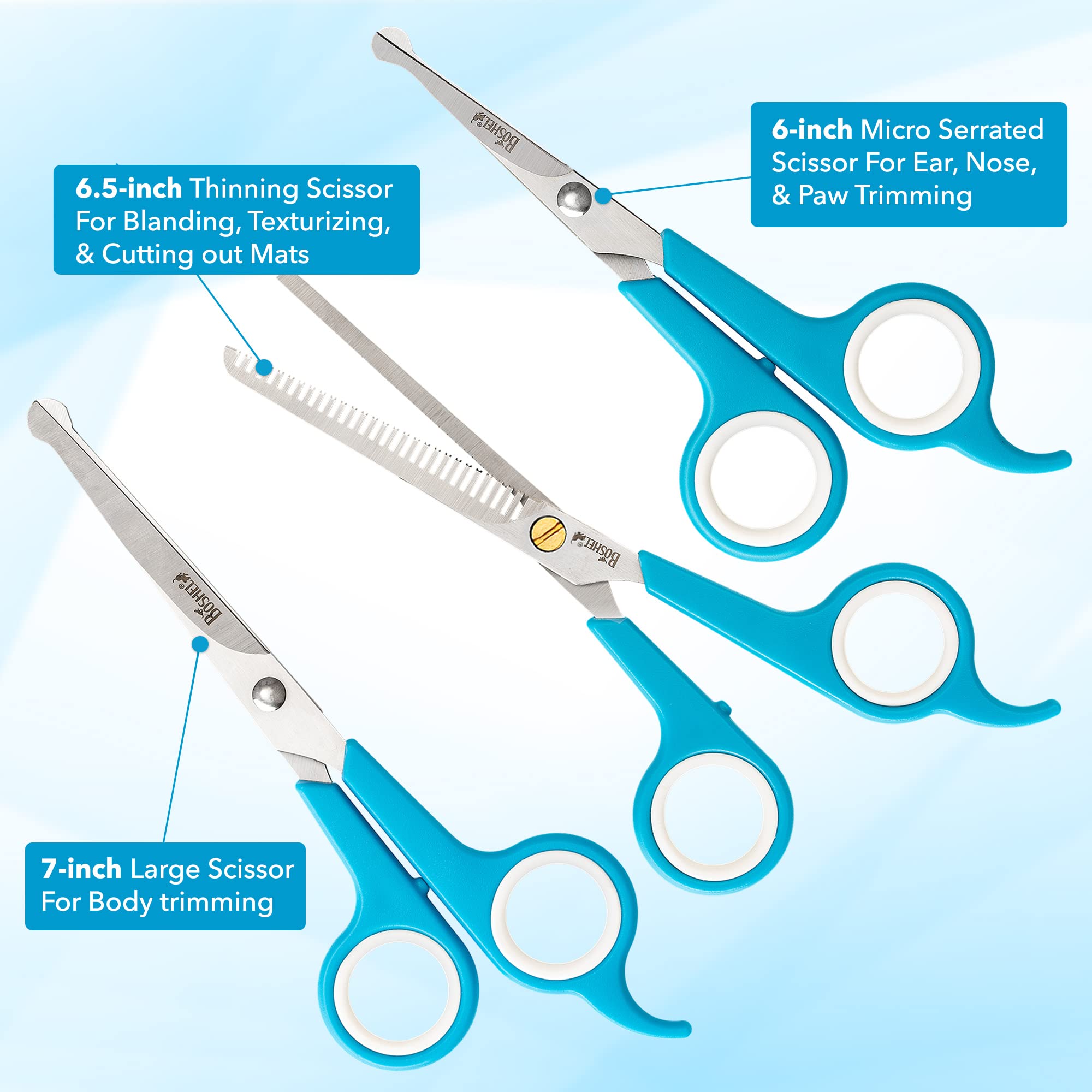 Boshel 3 Pc Dog Grooming Scissors Kit - 7' Scissor For Body Hair Trimming, 6' Small Micro-Serrated Scissor For Face, Ear, & Paws, Thinning Shears For Dogs - Professional Dog Grooming Kit For Cat & Pet