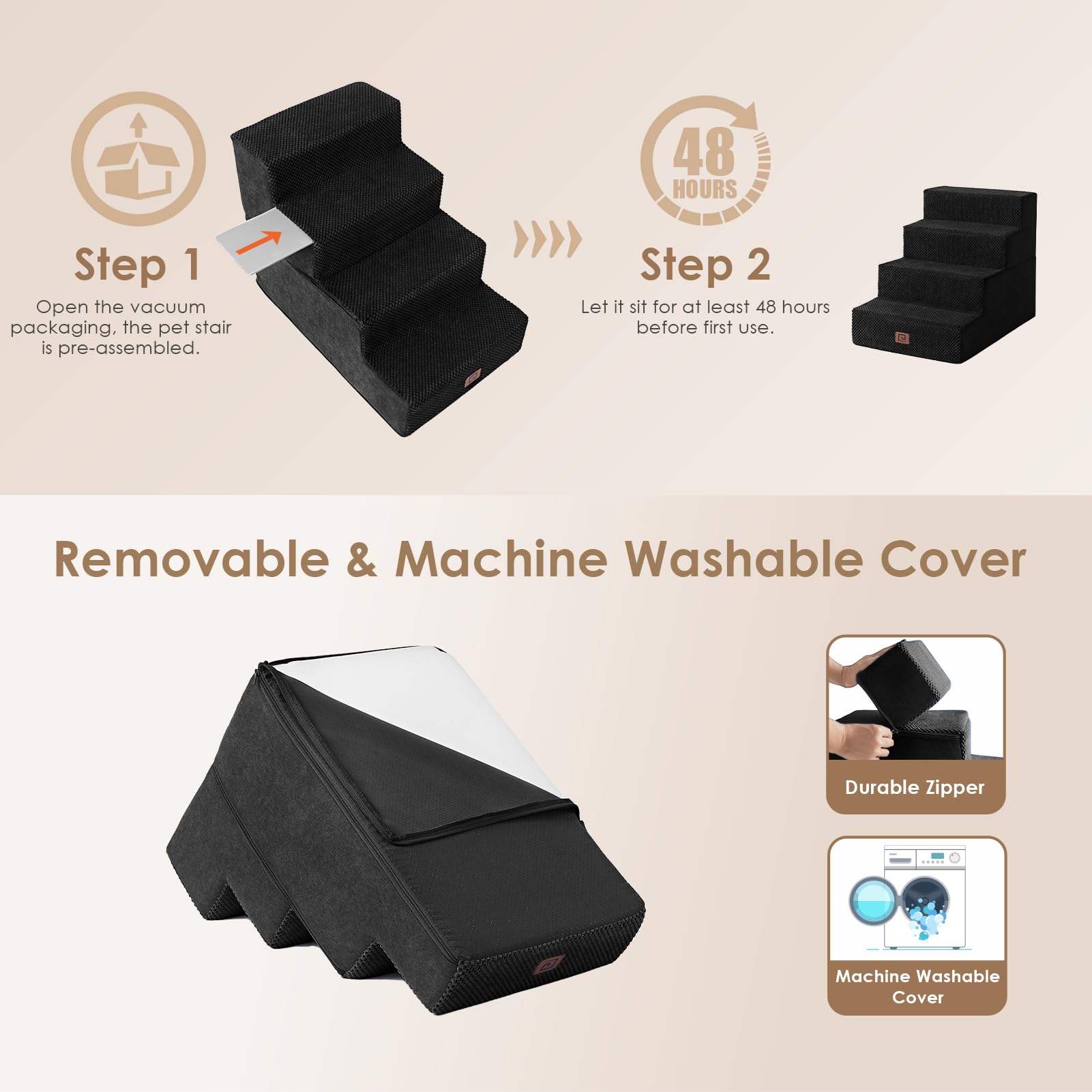 Eheyciga Dog Stairs For Bed 18”H, 4-Step Dog Steps For High Bed, Pet Steps For Small Dogs And Cats, Non-Slip Balanced Dog Indoor Ramp, Black