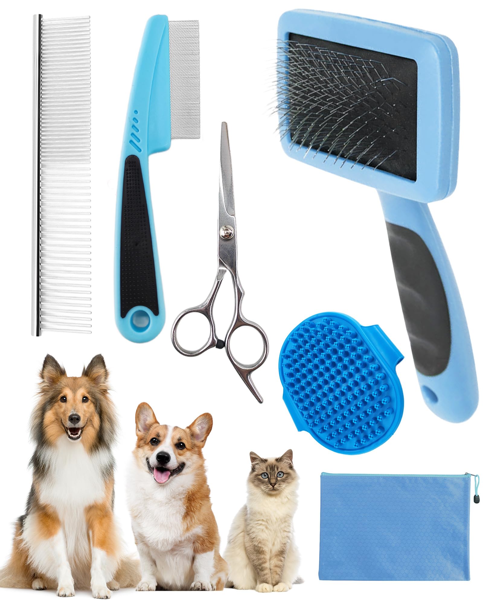 Kueiox Dog Brush For Shedding Grooming,6 Pack Long-Pin Brush Set For Long Haired Dog Cat Goldendoodles Poodles Doodles Blue