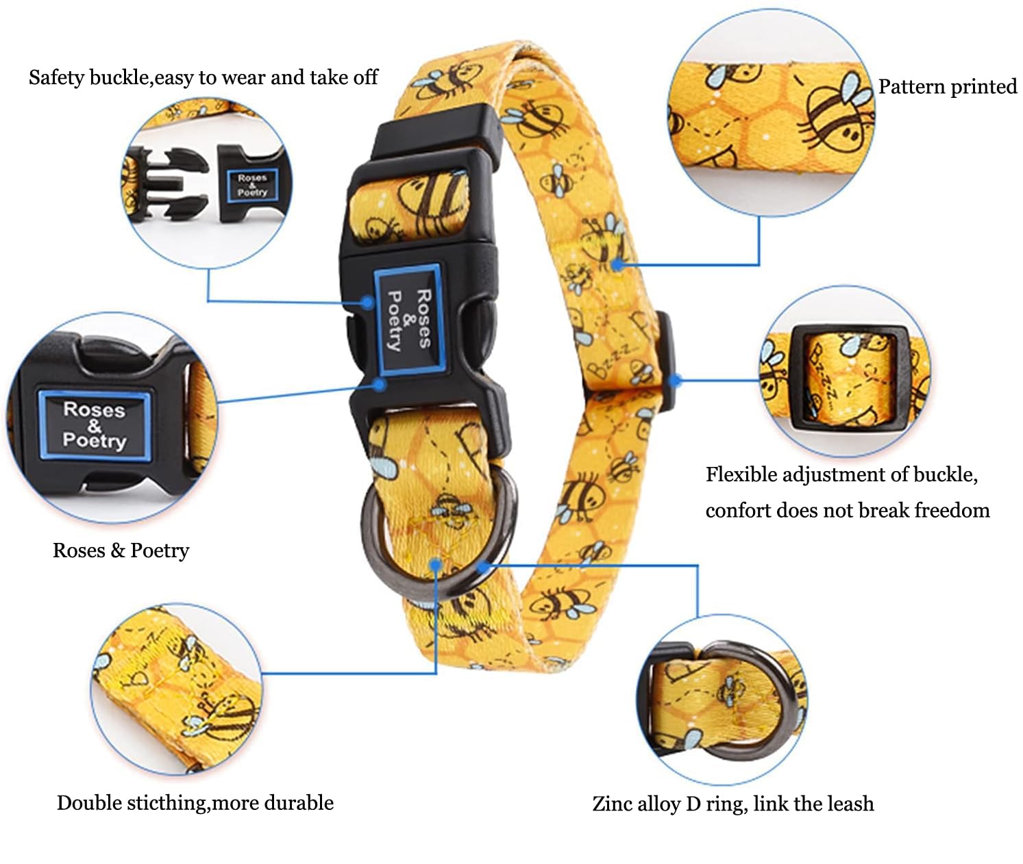 Roses&Poetry Dog Collar With Colourful Bee Patterns, Adjustable Durable Puppy Collars For Small Medium Large Dogs (Bee-Xs)