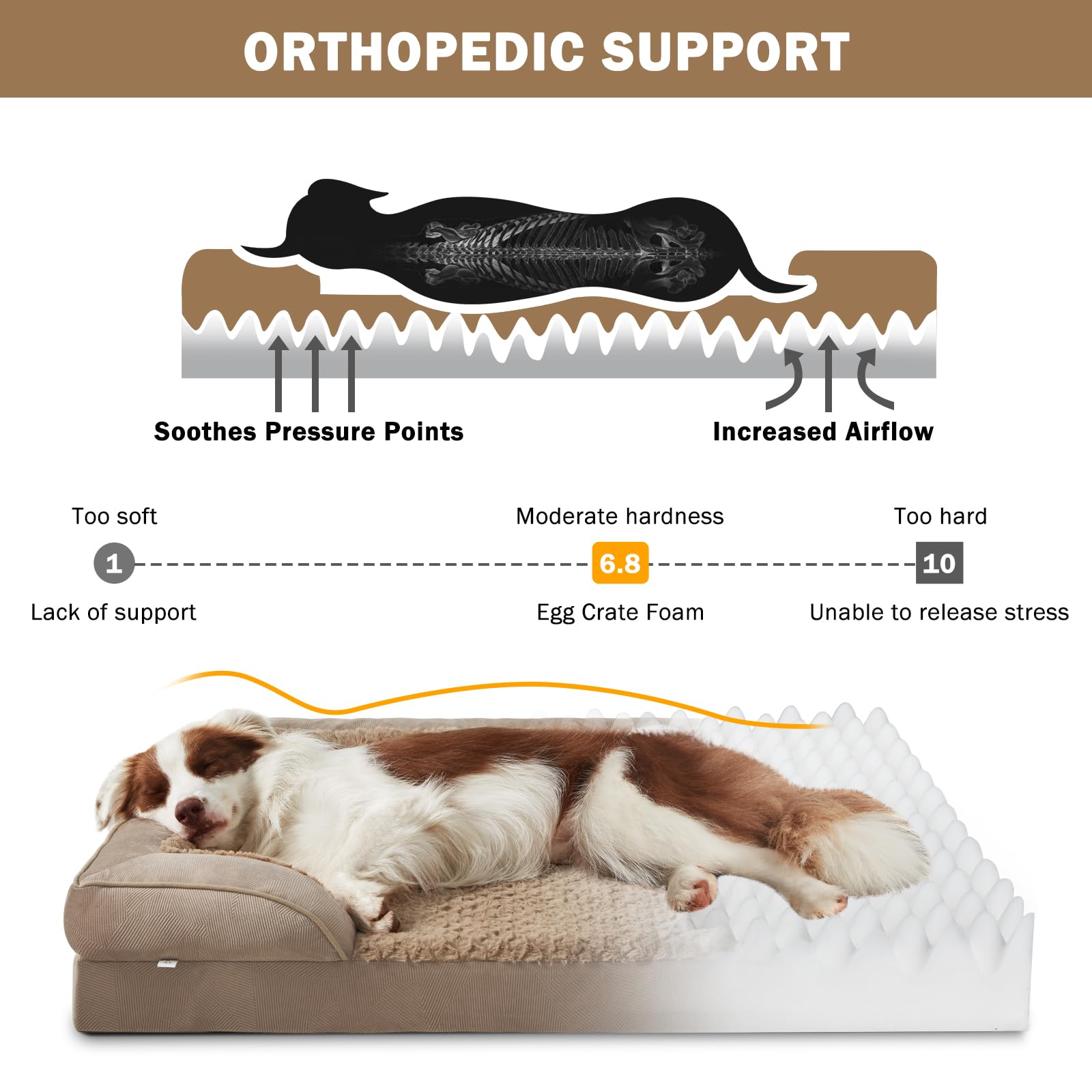 INVENHO XXL Orthopedic Dog Bed - Waterproof Egg-Crate Foam Sofa, Brown, Washable Cover, Nonskid Bottom (48"x 35"x 6.5")