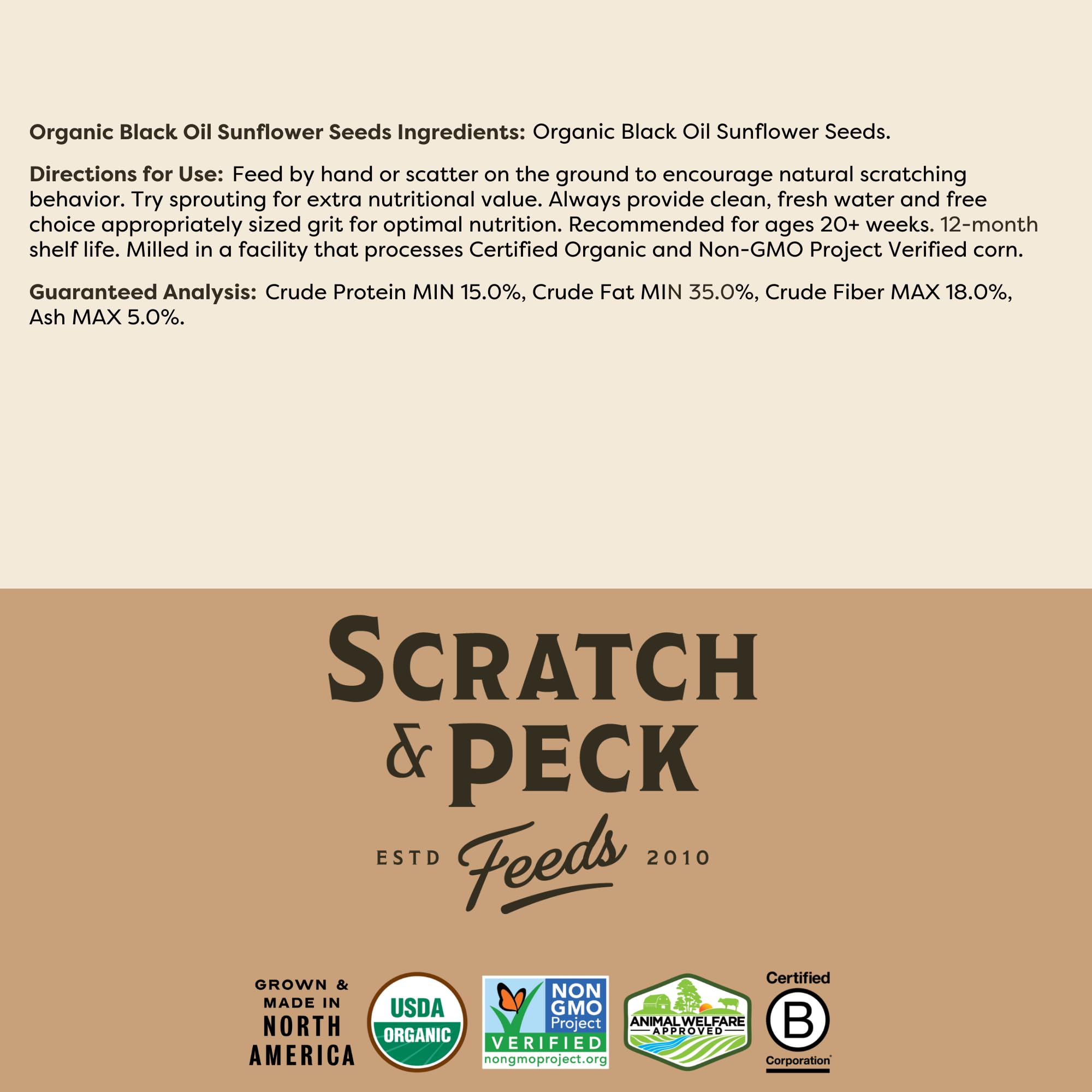 Scratch and Peck Black Oil Sunflower Seeds Chicken and Duck Treat - 25 lbs Bag - 15% Protein, Certified Organic and Non-GMO Proj
