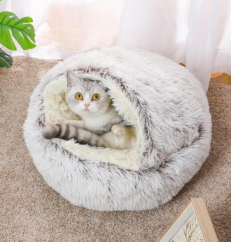Coffee Cat Bed Round Fluffy Hooded Donut Cave With Non-Collapsed Plush Cover For Indoor Cats - Calming Dog Beds Anti-Slip Waterp