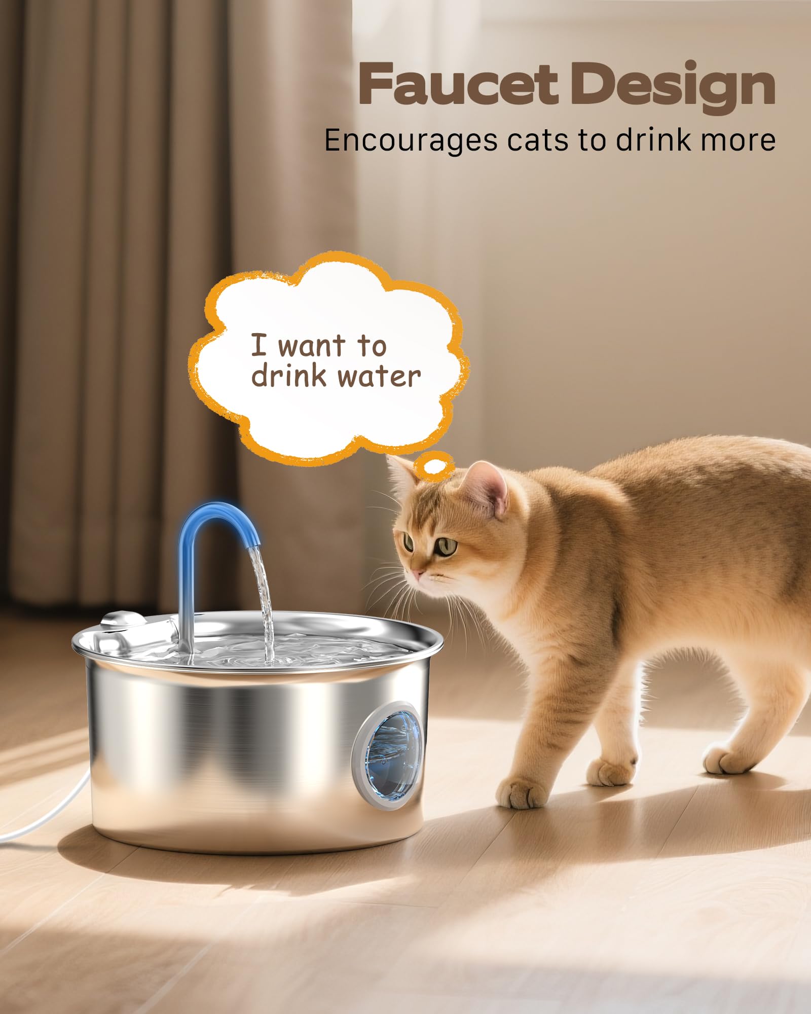 Stainless Steel Cat Water Fountain: Cat Fountain with 6 Filters + 3 Sponges - 88oz/2.6L Pet Water Fountain for Cats Inside - Sil