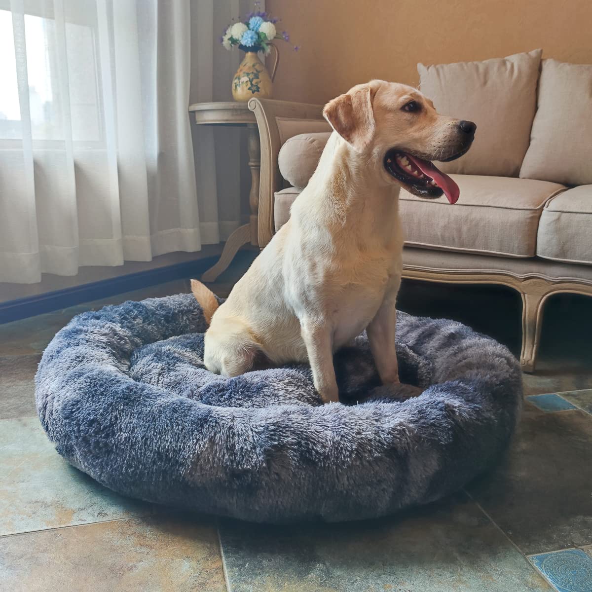 Coohom Oval Calming Donut Dog Bed, Washable Faux Fur, XXL 43"x34"x8", Grey2021