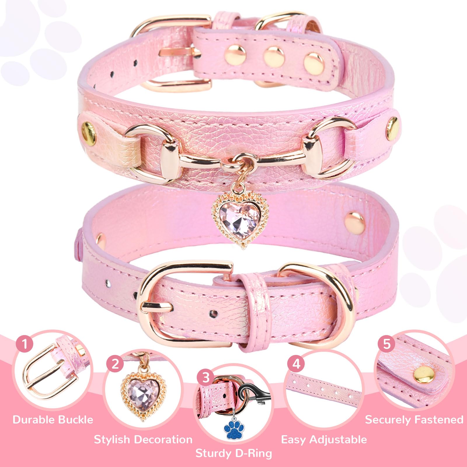 Petcare Cute Small Dog Cat Collar, Unique Pu Leather - Bling Sparkle In The Sunlit, Puppy Collars With Rhinestone Heart Pendant,