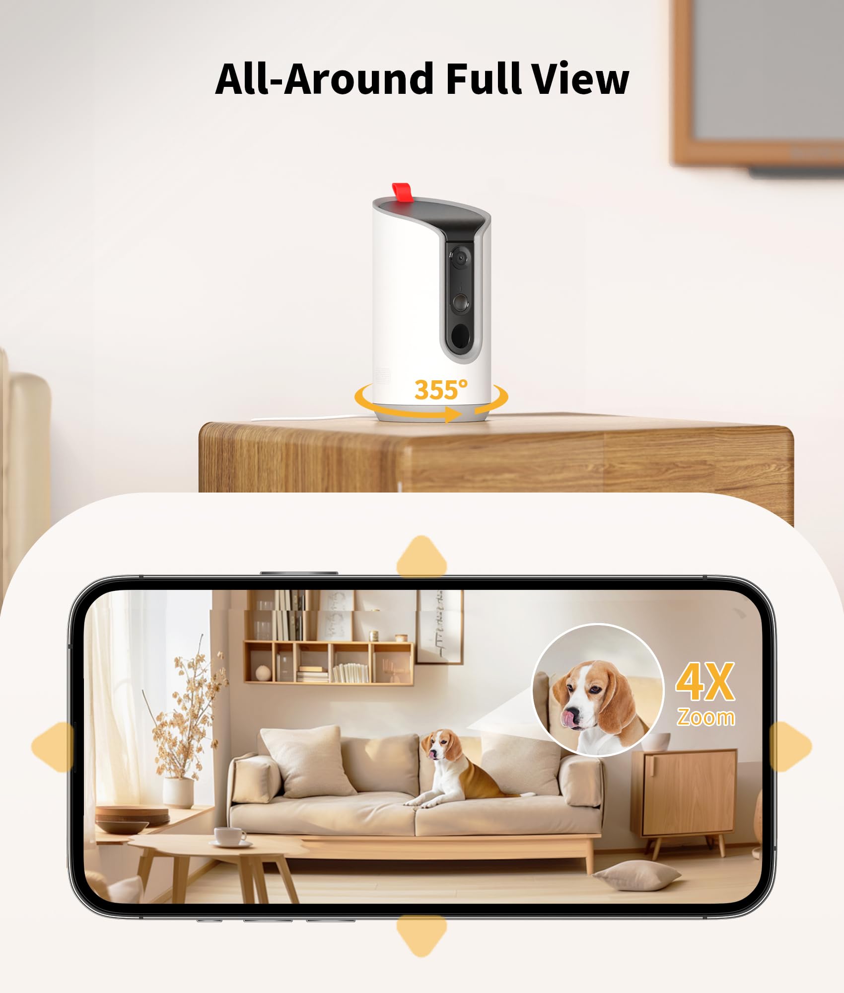 Tkenpro 2K Pet Camera Treat Dispenser, 360°View Dog Camera With Phone App, 5G&2.4G Wifi 2-Way Talk Pet Camera Indoor For Cats Remote Treat Tossing, Motion Alerts, Auto Tracking