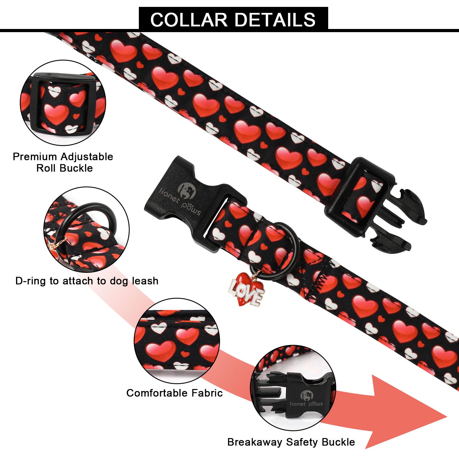 Lionet Paws Valentine'S Dog Collar- Cute Sweet Pink Heart Black Dog Collars With Plastic Buckle, Light Adjustable Dog Collars Fo