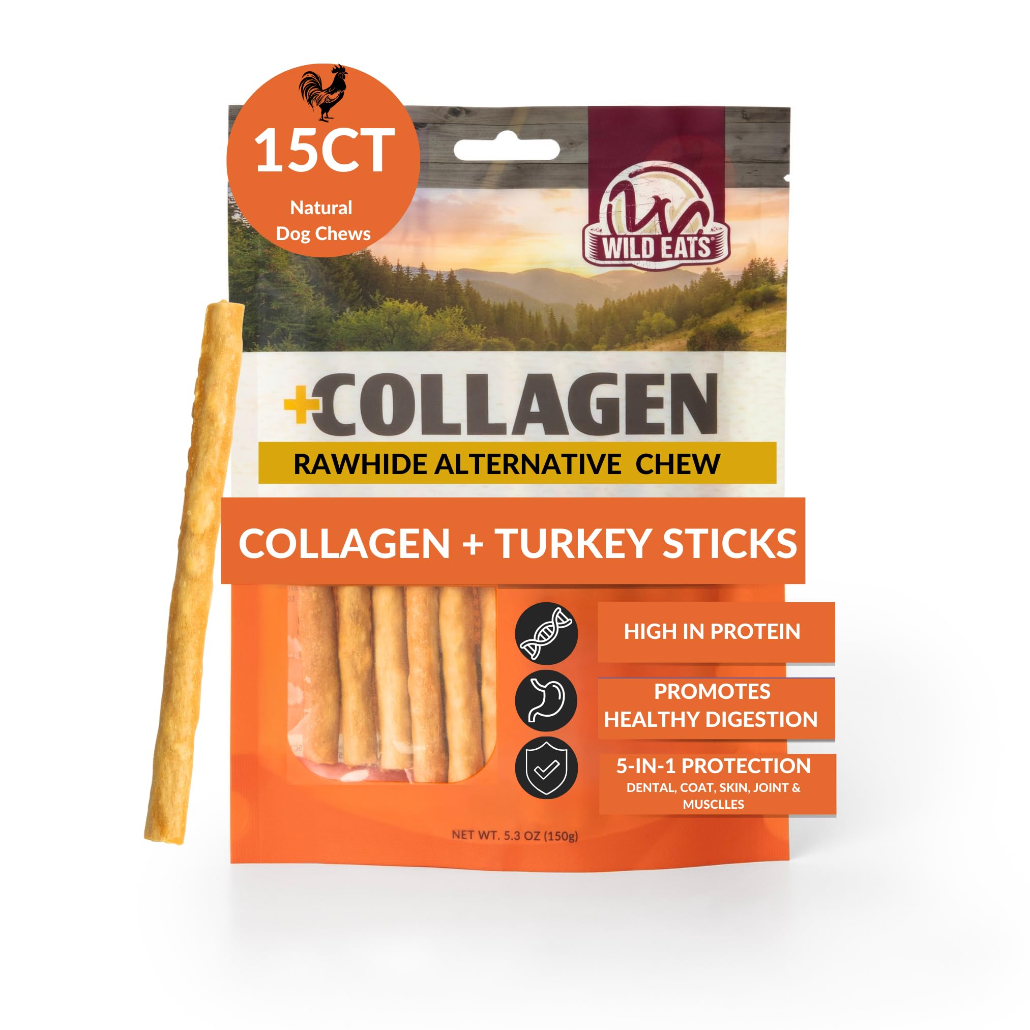 Wild Eats Turkey Collagen Sticks for Dogs (15 Pack, 1 cm Wide) Long Lasting Dog Chews No Hide Dog Treat Bully Stick Alternative,