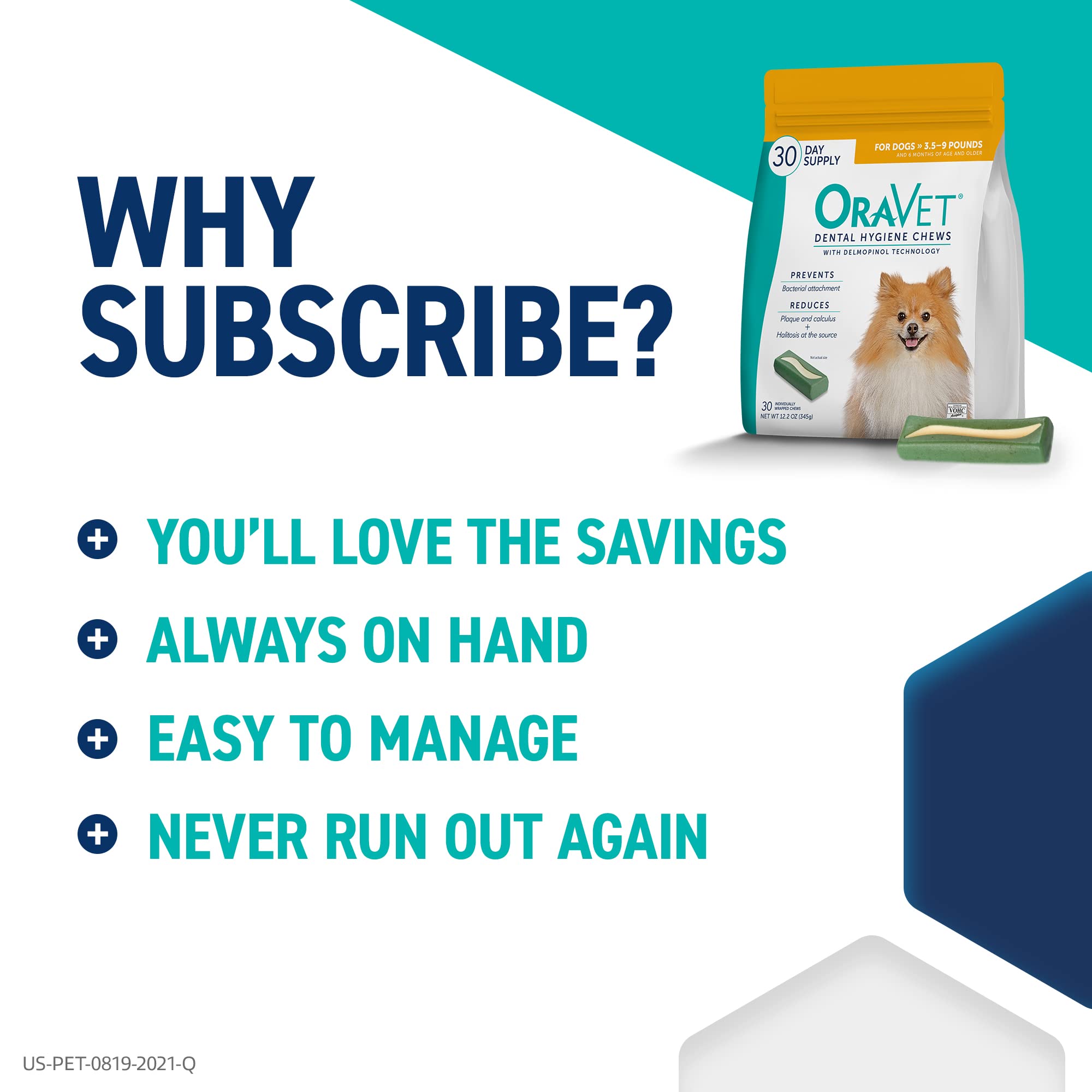 ORAVET Dental Chews for Dogs, Oral Care and Hygiene Chews (Extra Small Dogs, 3.5-9 lbs.) Yellow Pouch, 14 Count