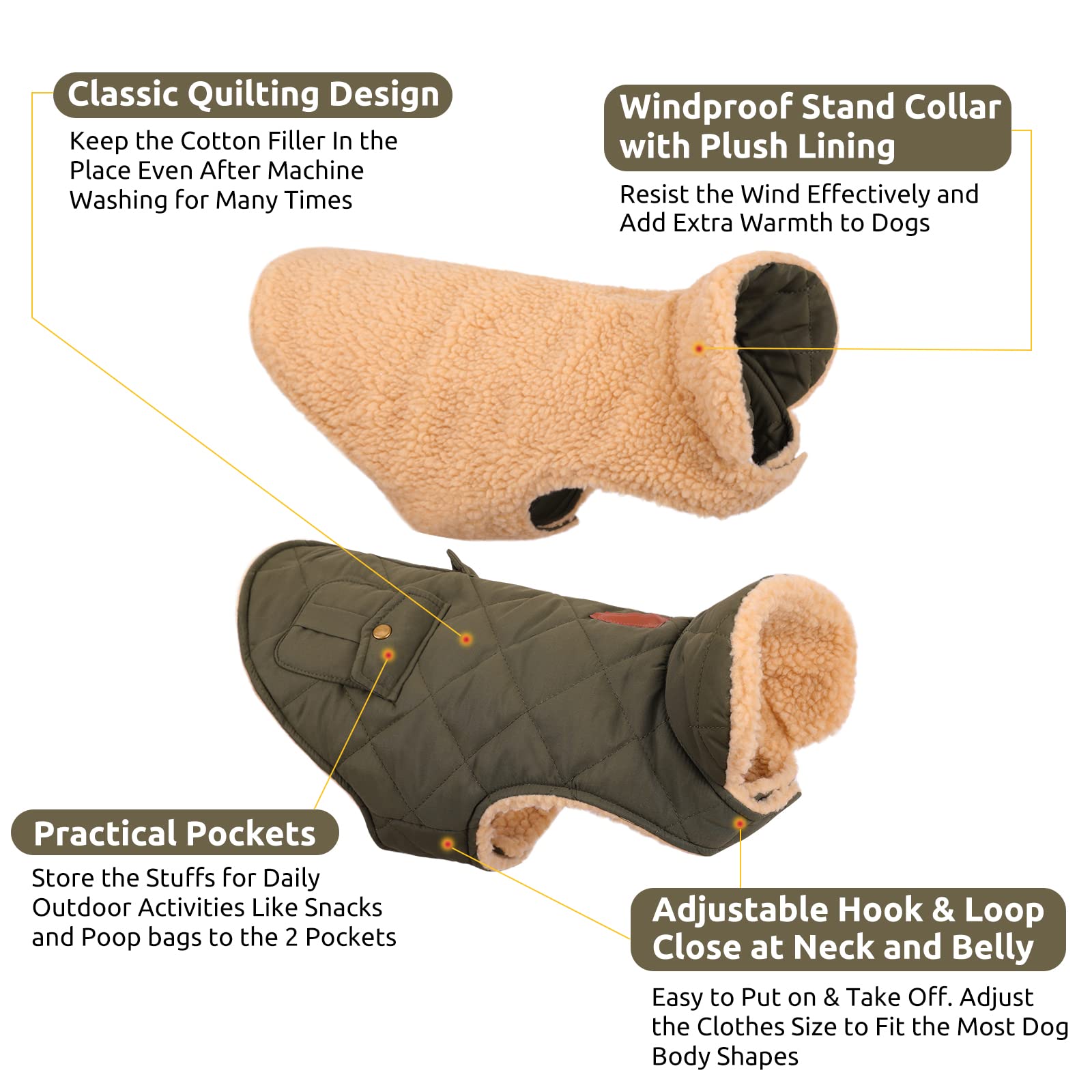 Queenmore Warm Dog Coat, Cold Weather Puffer Dog Coat, Quilting Winter Dog Jacket Ultra Thick Plush Lining With Storage Pockets