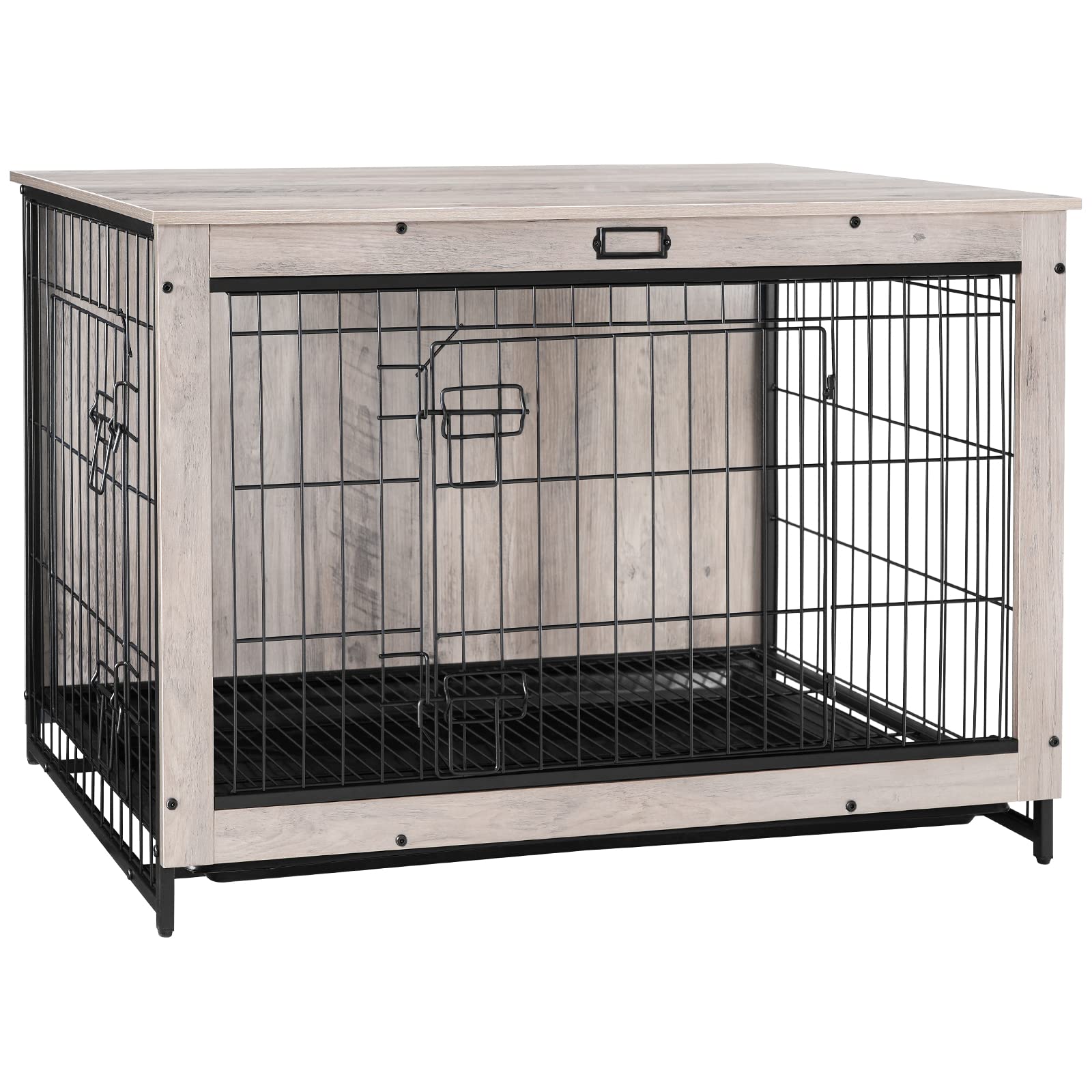 Hoobro Dog Crate Furniture, 38.6'' Large Dog Kennel Indoor, Wooden Cage With Pull-Out Tray, Double Doors Pet House Side End Tabl