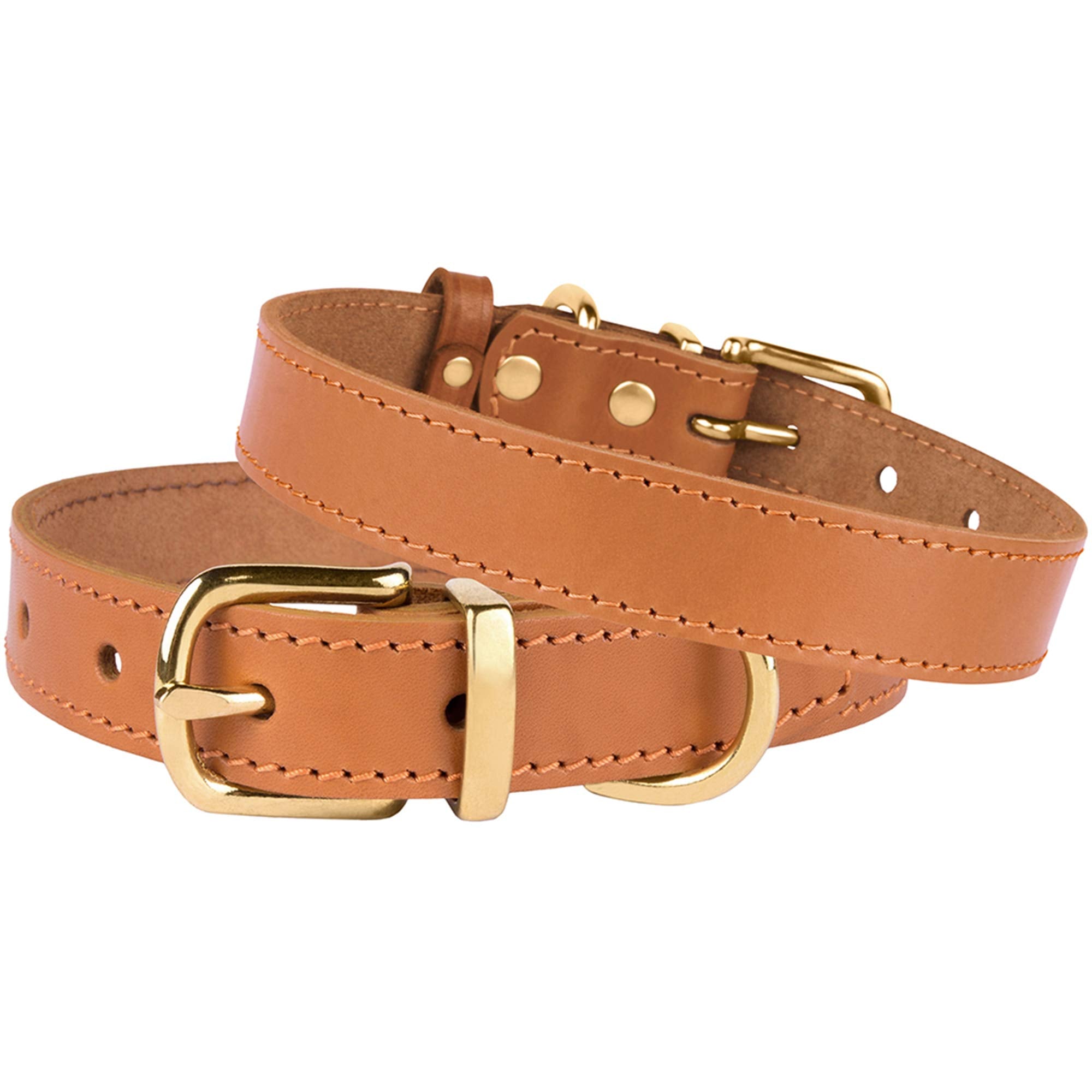 Bronzedog Leather Dog Collar With Metal Buckle Durable Basic Pet Collars For Small Medium Large Dogs (19-21 Inch (Pack Of 1), Light Brown & Gold Buckle)