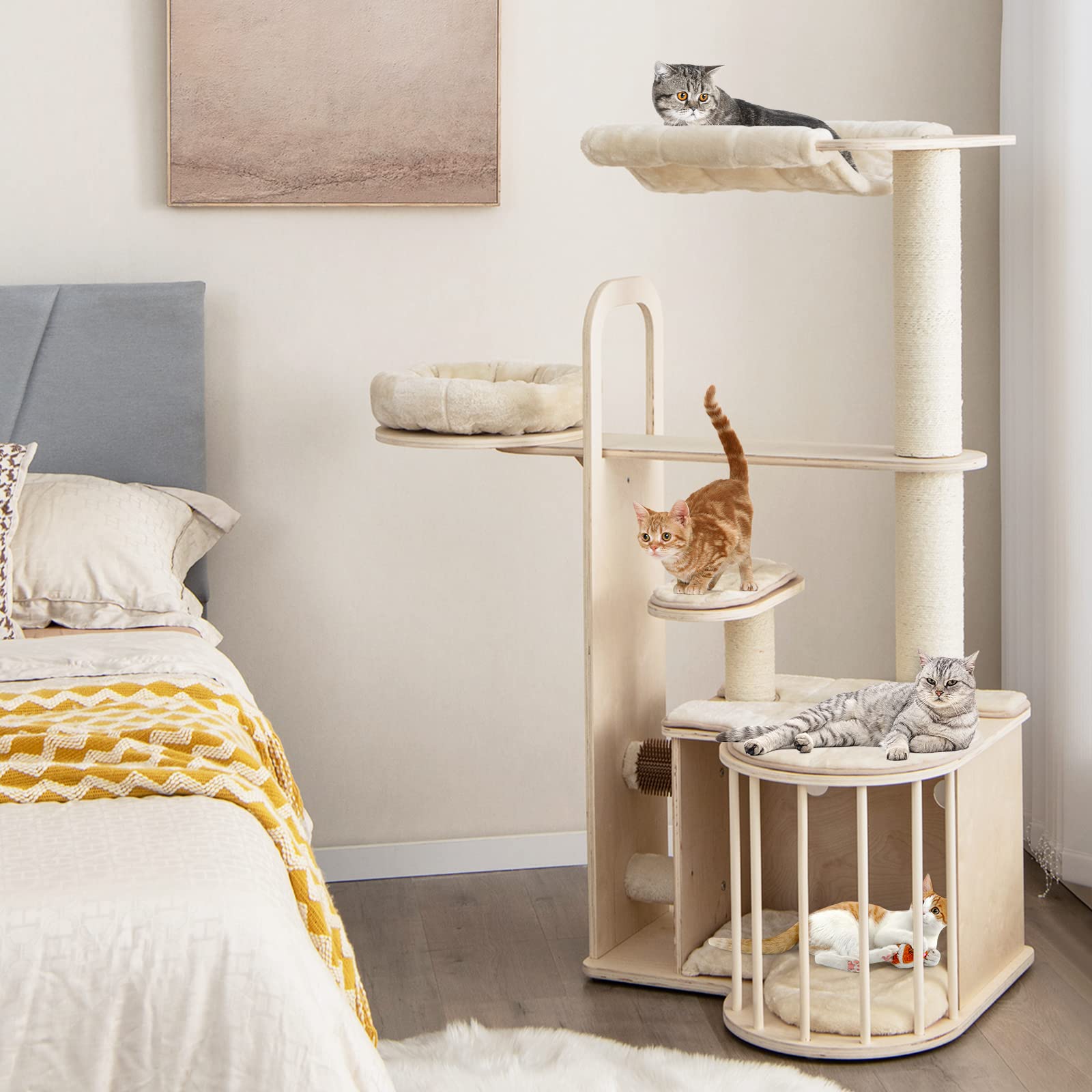 Tangkula Tall Cat Tree For Indoor Cats, 55 Inch Multi-Level Cat Tower Activity Center With Hammock, Cat Condo, Sisal Scratching Posts & Washable Cushions, Wooden Modern Cat Tree Houses For Large Cats
