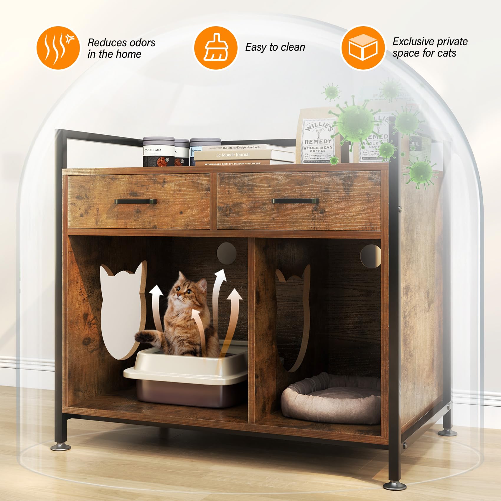 Tc-Homeny Cat Litter Box Enclosure Furniture Storage Cabinet For Living Room