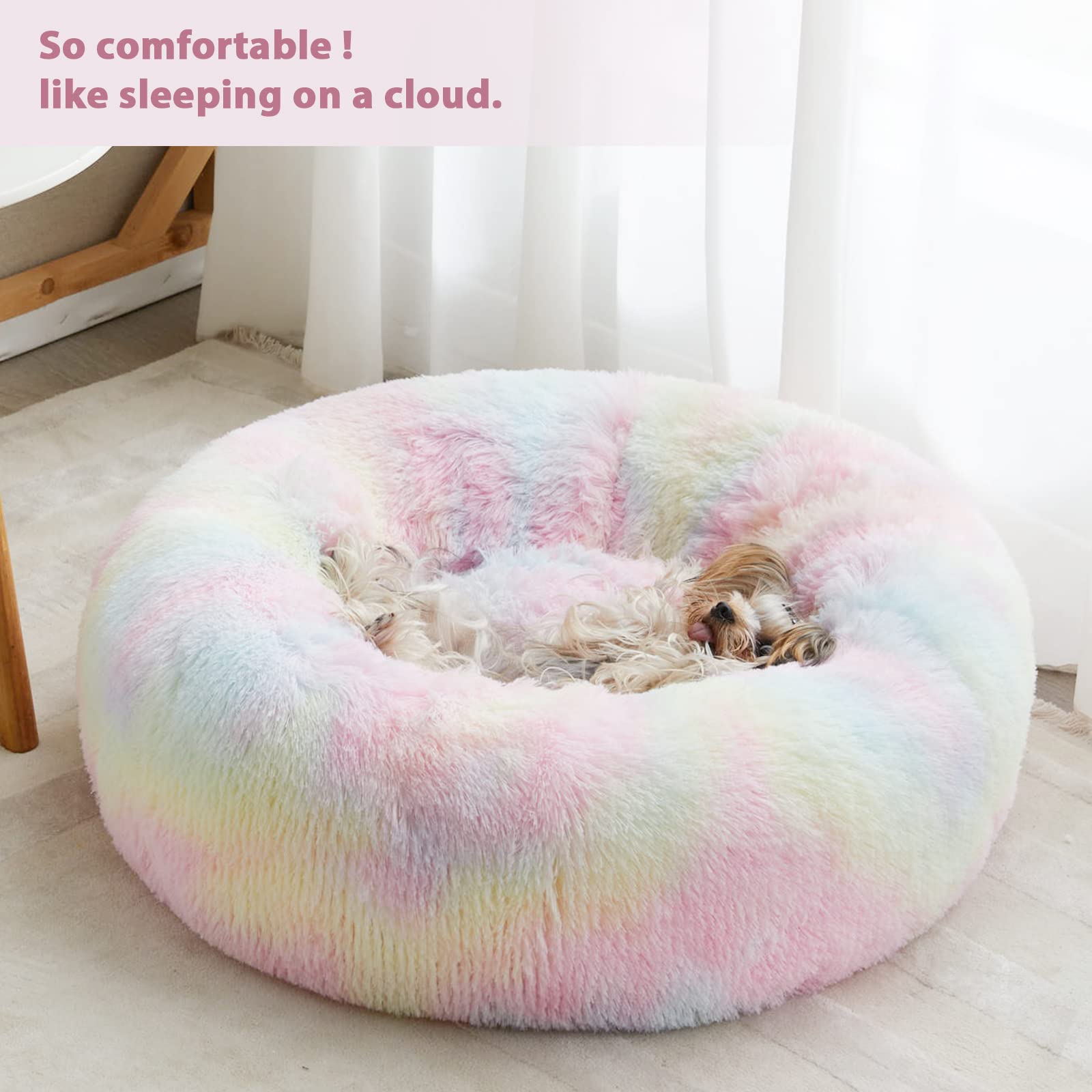 Wnpethome Calming Dog Bed Cat Bed Donut, Faux Fur Pet Bed Self-Warming Donut Cuddler, Comfortable Round Plush Dog Beds