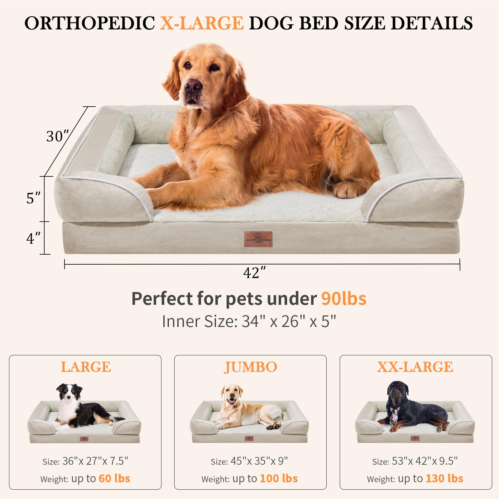 Comfort Expression Xl Dog Beds For Extra Large Dogs, Waterproof Orthopedic Dog Bed With Bolster, Washable Dog Bed Sofa With Removable Cover & Non-Slip Bottom(X-Large,Beige)