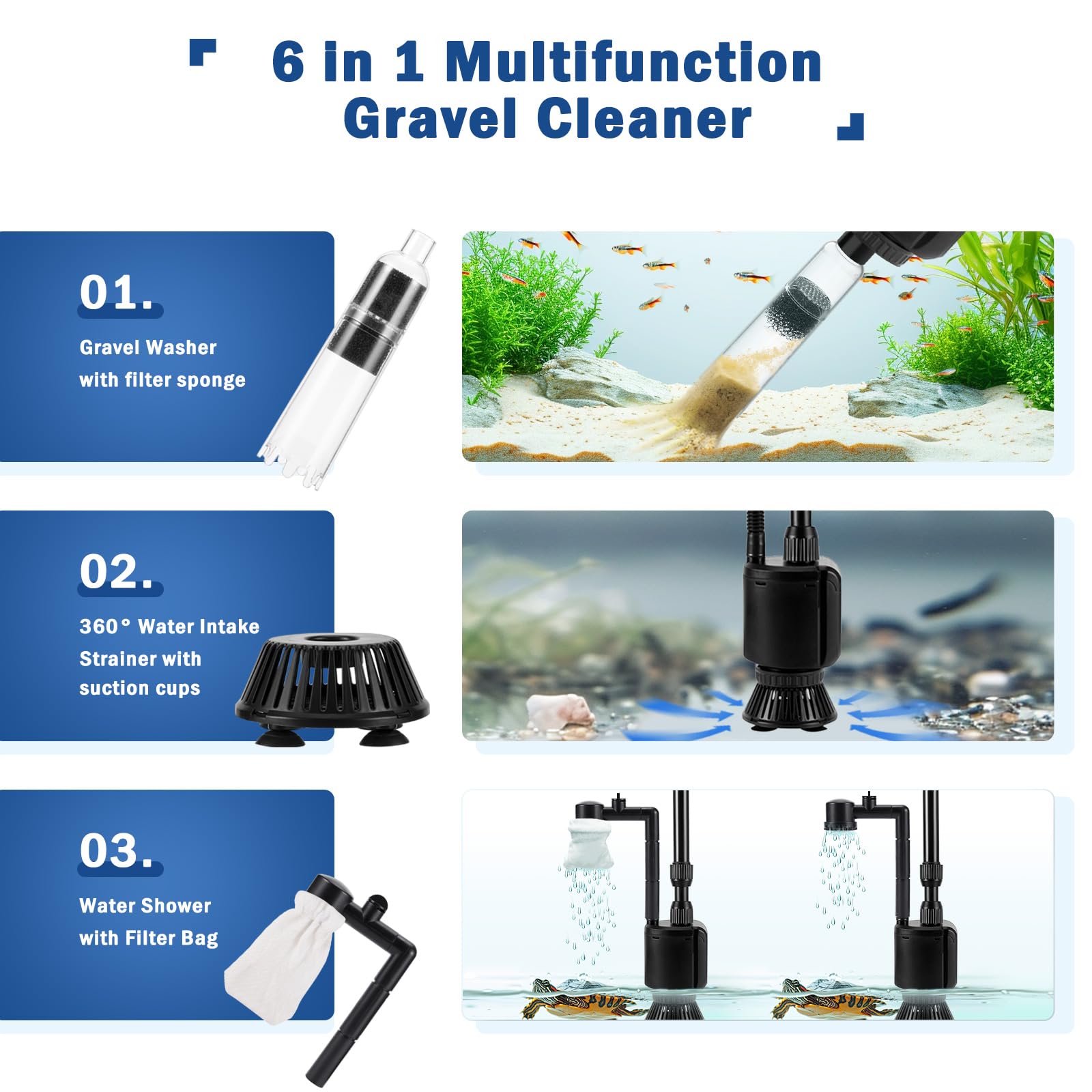 AQQA Electric Aquarium Gravel Cleaner Kit - 6 in 1 Fish Tank Vacuum, 20W 320GPH, Black, Model FUS-AQ013