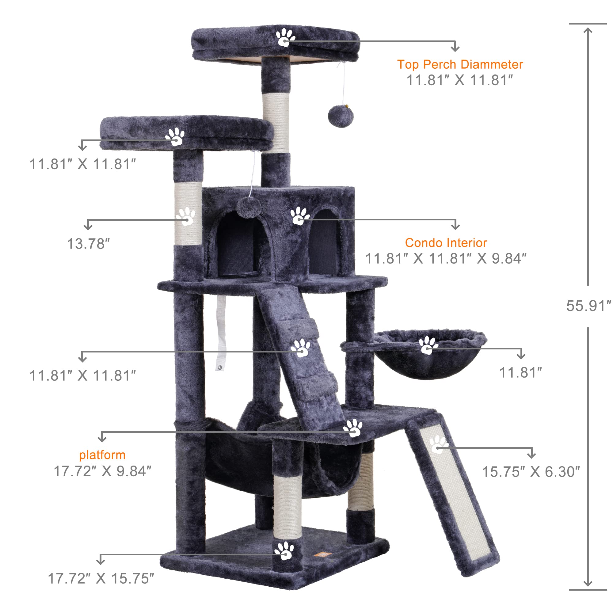 Heybly Cat Tree, Cat Tower For Indoor Cats,Multi-Level Cat Furniture Condo For Cats With Padded Plush Perch, Cozy Basket And Scratching Board Smoky Gray Hct014G