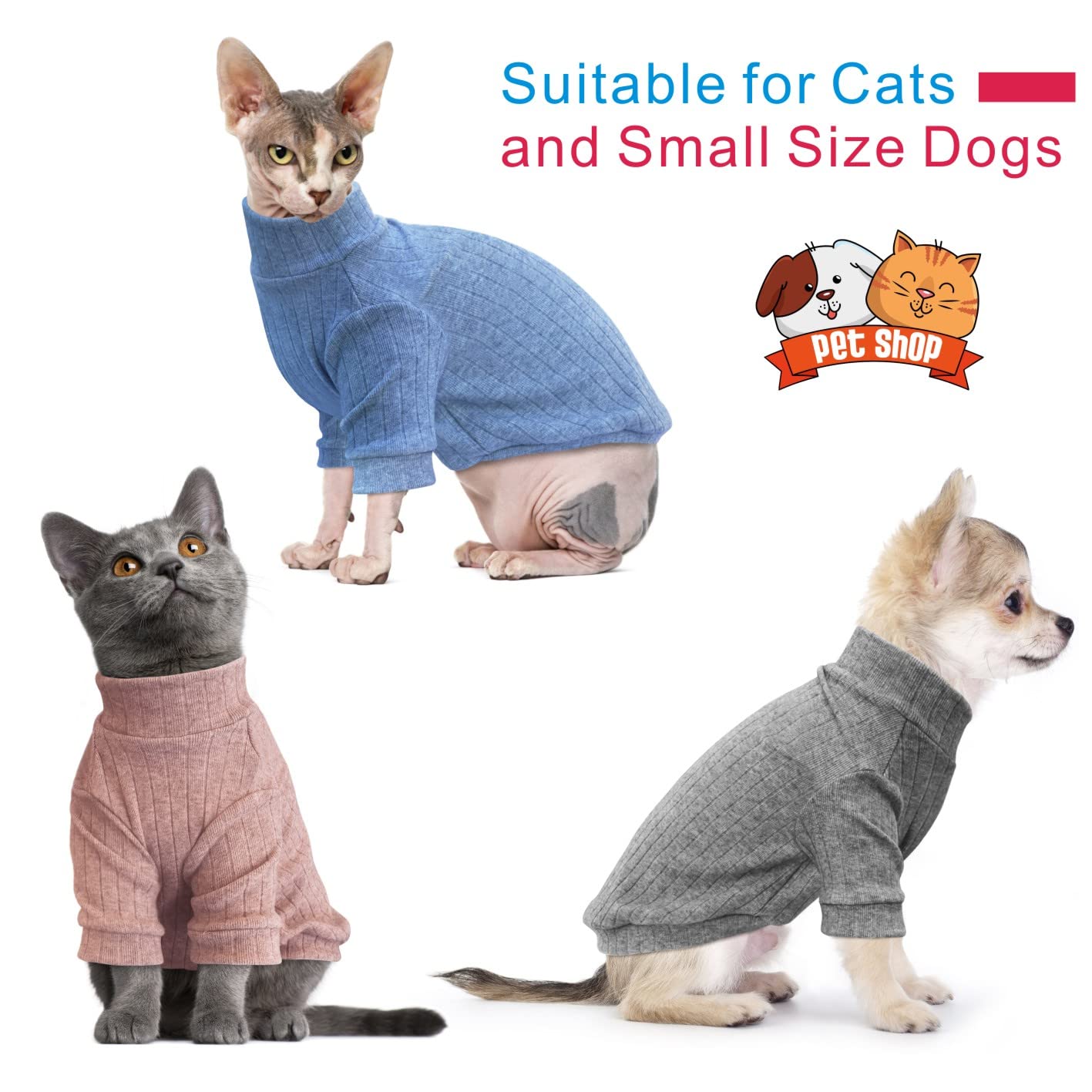 Idepet Sphynx Hairless Cats Sweater Shirt Kitten Soft Puppy Clothes Pullover Cute Cat Pajamas Jumpsuit Skin-Friendly Cotton Apparel Pet Winter Turtleneck For Cats And Small Dogs(X-Large, Blue)