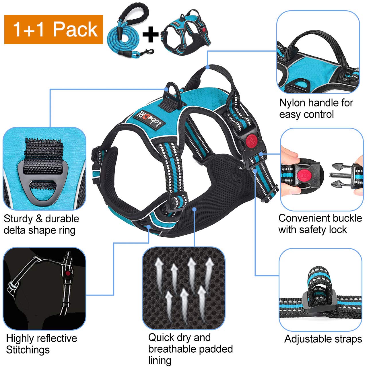 Tobedri No Pull Dog Harness Adjustable Reflective Oxford Easy Control Medium Large Dog Harness With A Free Heavy Duty 5Ft Dog Leash (S (Neck: 13'-18', Chest: 17.5'-22'), Blue Harness+Leash)