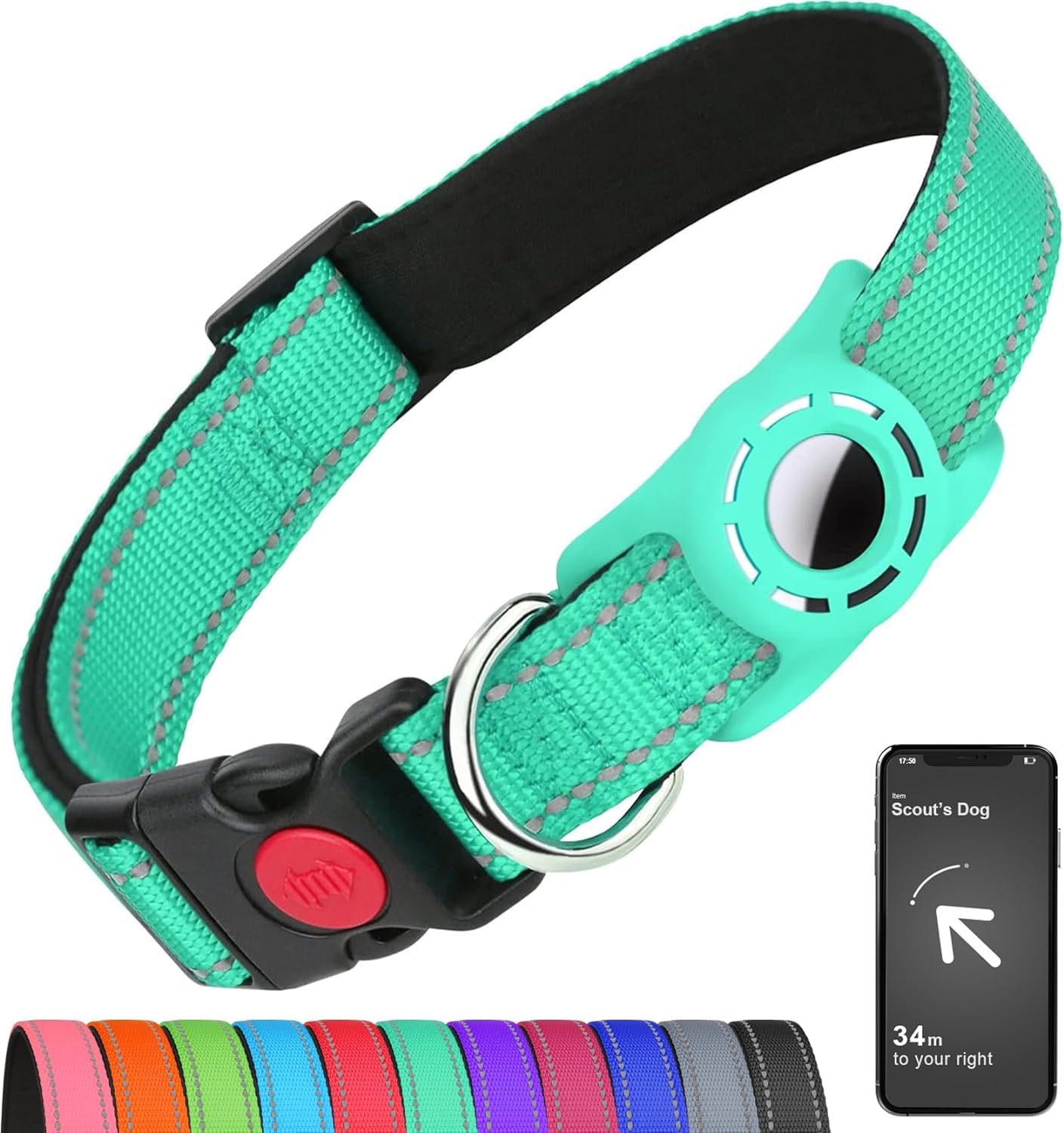 Erbine Airtag Dog Collar For Large Dogs, Reflective Dog Collars With Airtag Holder, Soft Padded & Safety Locking Buckle, Nylon Pet Collar Adjustable For All Breeds, Teal