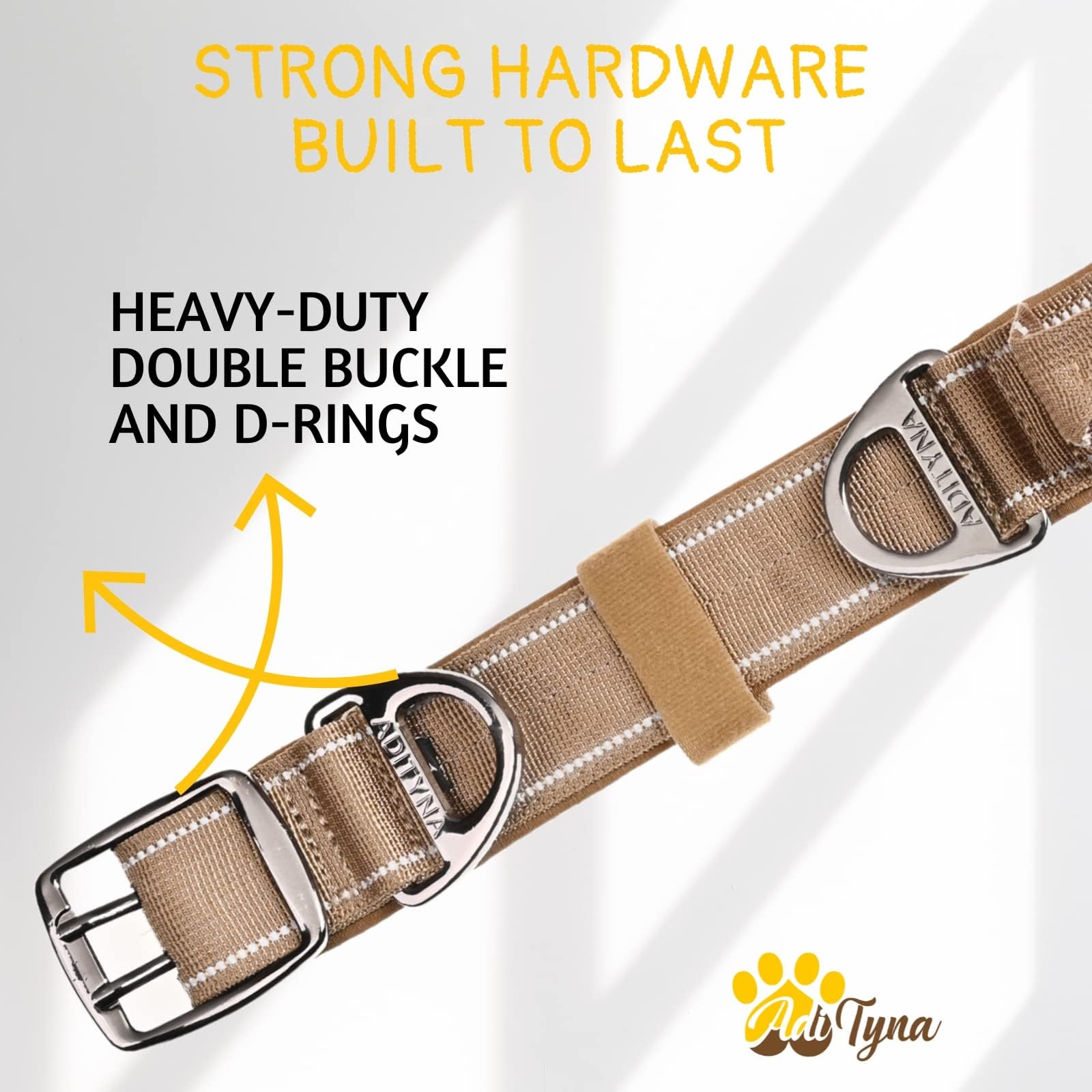 ADITYNA Heavy Duty Dog Collar for Large Dogs - Reflective, Soft Neoprene Padded, Coyote Brown, Fit 18-23" Neck, Model TC2 - L