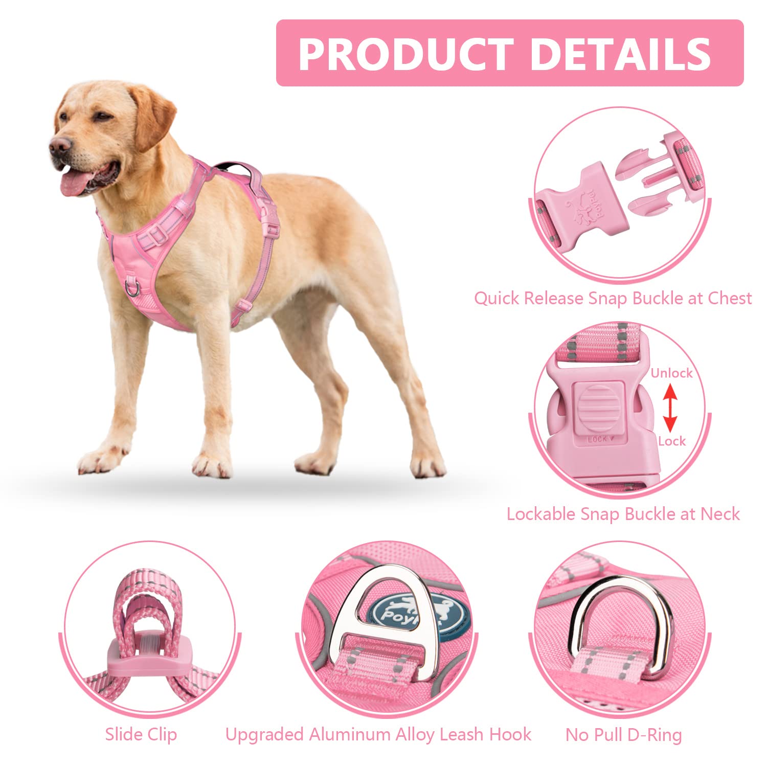 Poypet No Pull Dog Harness, No Choke Reflective Dog Vest, Adjustable Pet Harnesses With Easy Control Padded Handle For Small Medium Large Dogs(Light Pink Matching Trim,S)