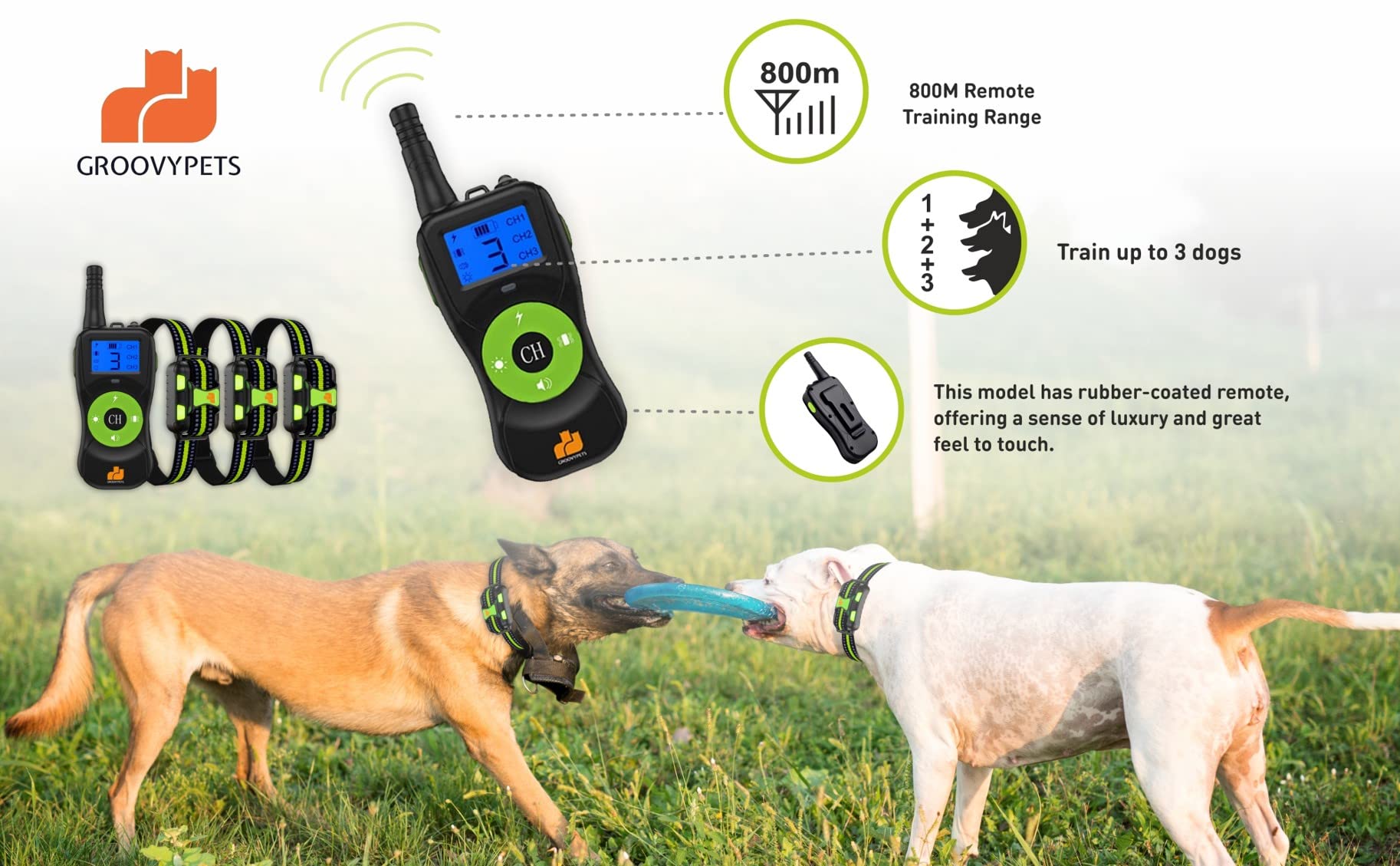 Groovypets 880 Yard Remote Dog Shock Collar Waterproof No Bark Training E-Collar, 3 Distinctive Beeping Sound, Adjustable 100 Shock Vibration Levels For Small Medium Large Dogs (3-Dog Set)