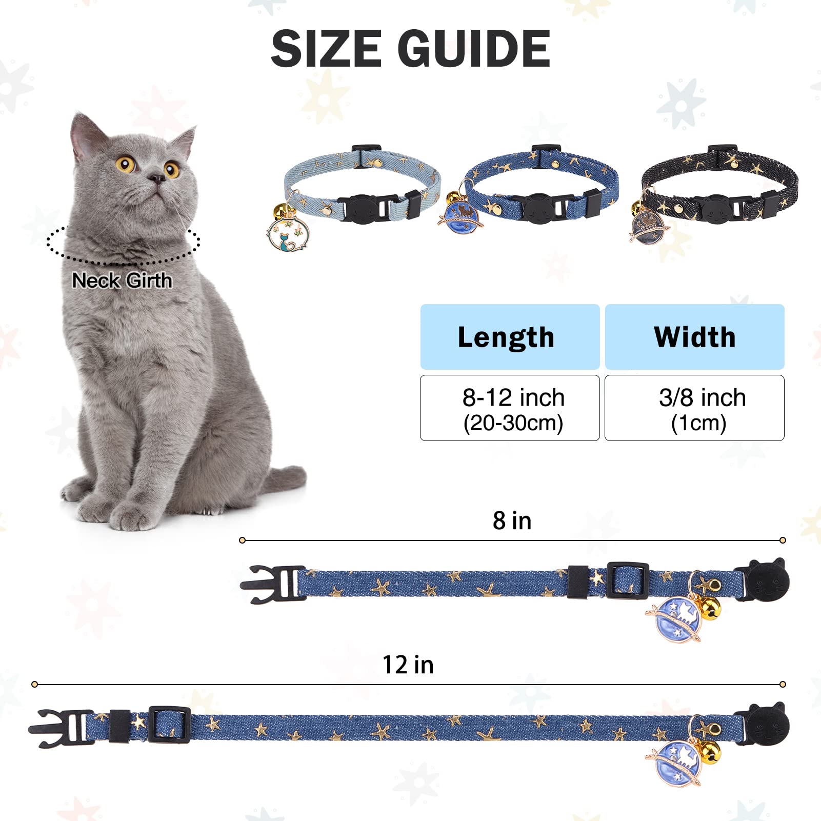 Dillybud 3 Pack Breakaway Cat Collars With Bell- Moon And Stars Pendant Cat Collar For Girl Boy Cats With Safety Buckle- Cute Ki