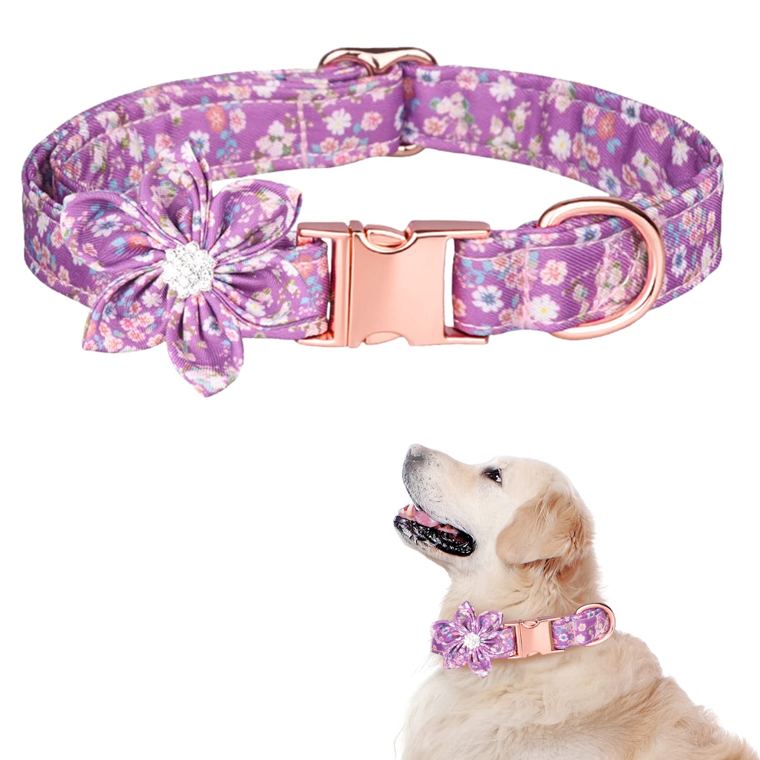 Tdtok Girl Dog Collar For Small Medium Large Dogs, Cute Dog Collar With Detachable Flower Safety Metal Buckle Adjustable Floral Pattern Soft Comfy Cotton Dog Collars, Fit Necks 10.2-23.6