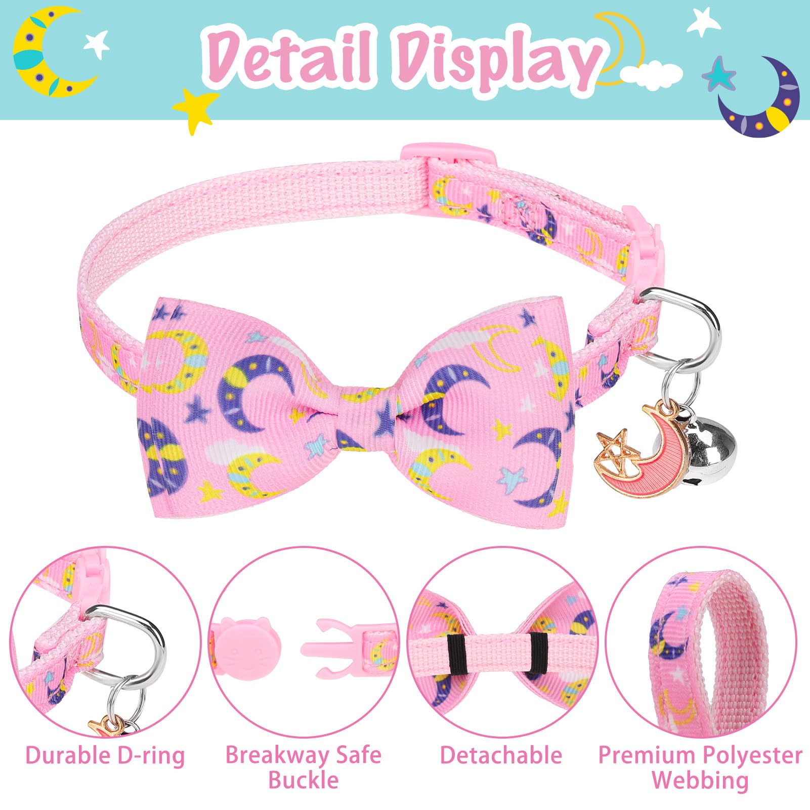 Scenereal Cat Collar Breakaway 3 Pack - Safety Kitten Collar With Bells Moons Stars Bowtie, Spring Summer Pet Accessory For For