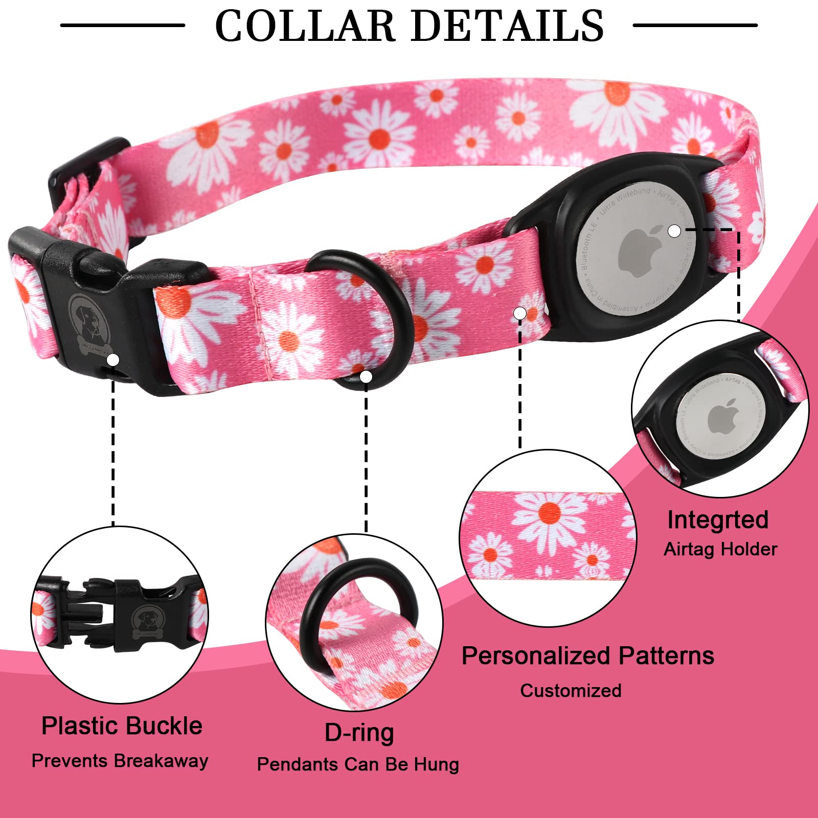 Mr.Chubbyface Airtag Dog Collar Floral Pink Daisy Dog Collar With Apple Airtag Holder For Small Medium Large Boy Girl Dogs
