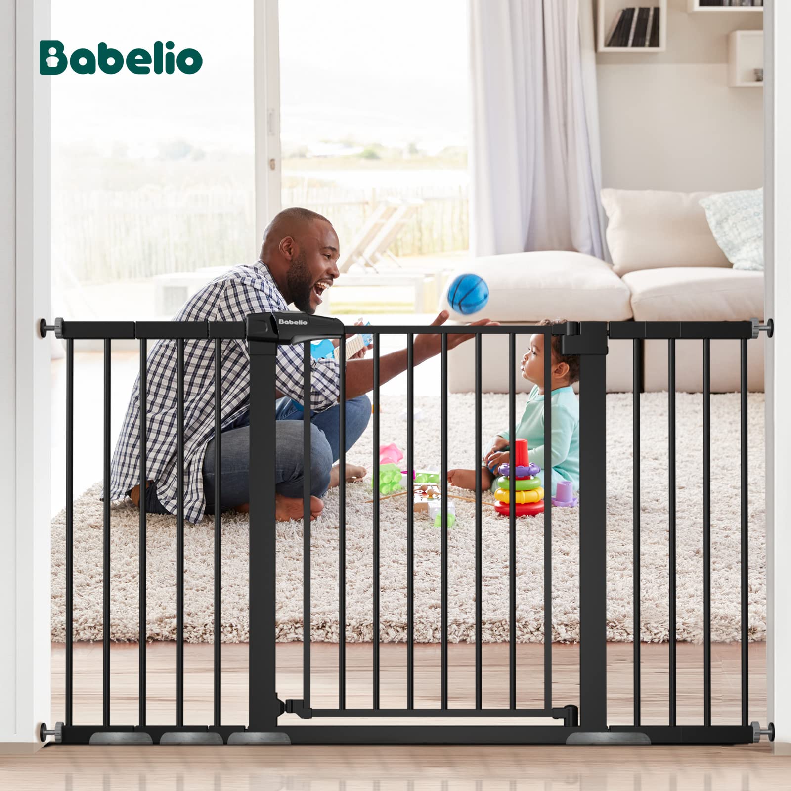 Babelio Extra Wide Baby/Dog Gate, 29-55" Adjustable, Auto Close, Pressure Mounted, Black, Model CB-M-101
