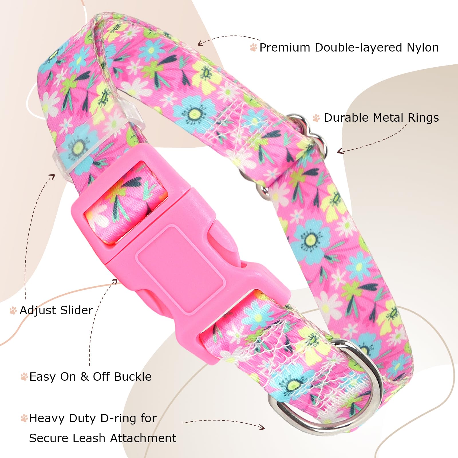 Girl Dog Collars For Large Dogs, Cute Girl Pink Dog Collar With Boho Flowers Patterns, Adjustable Comfy Soft Durable Pet Collar