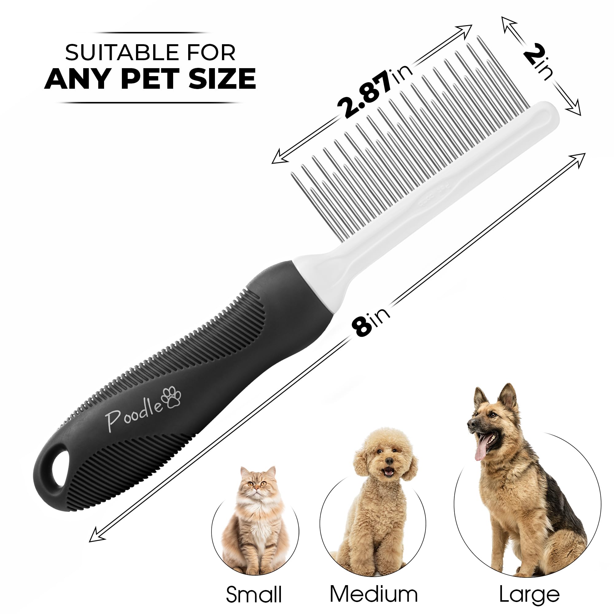 Poodlie Poodle Pet Dog Combs For Grooming Matting - Metal Comb For Dogs With Long & Short Stainless Steel Teeth - Dematting Comb For Cats To Remove Matted Hair & Knots, Black