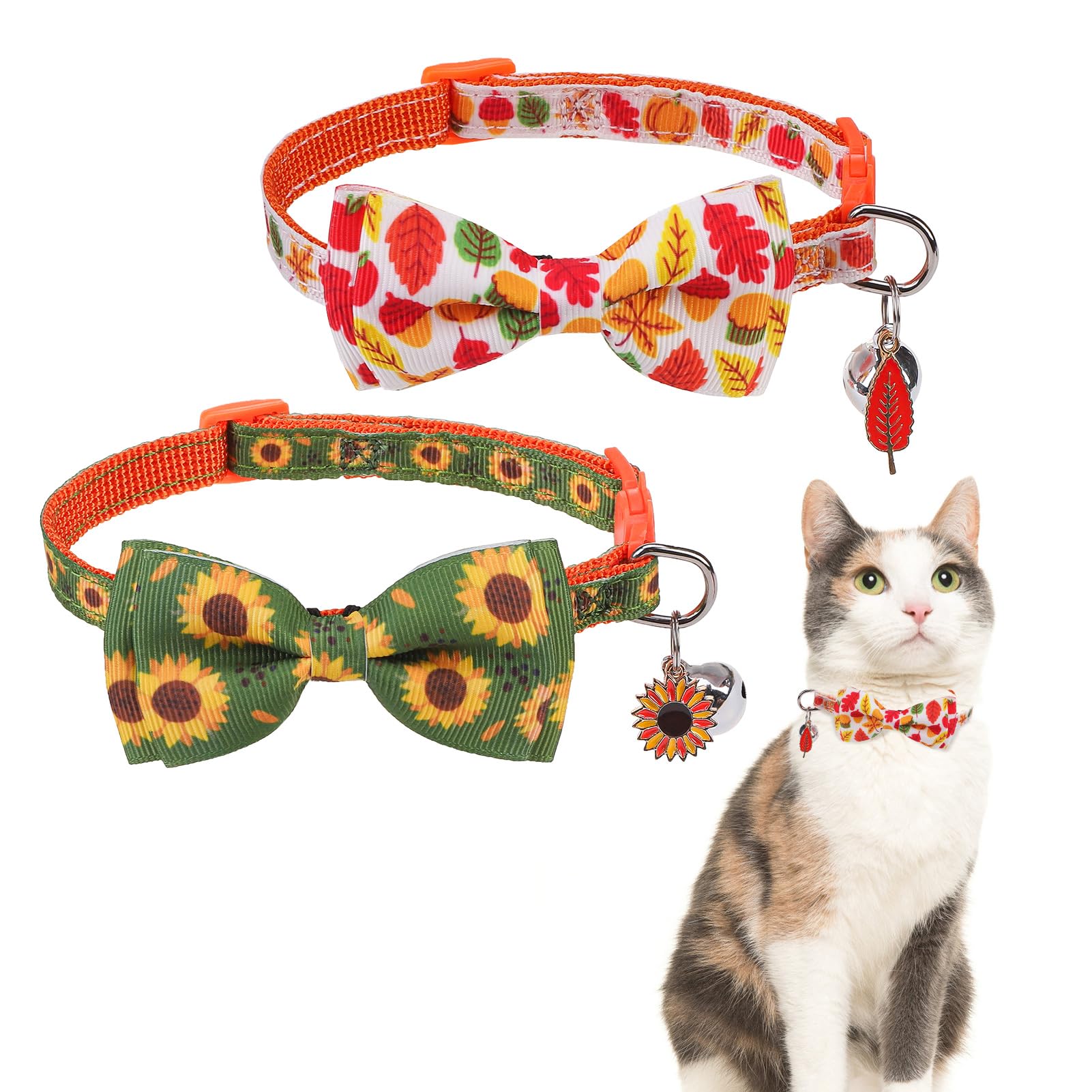 Scenereal Fall Cat Collar Breakaway With Bell And Bowtie, 2 Pack Cute Holiday Cat Collars, Adjustable Kitten Collar, Safety Buck